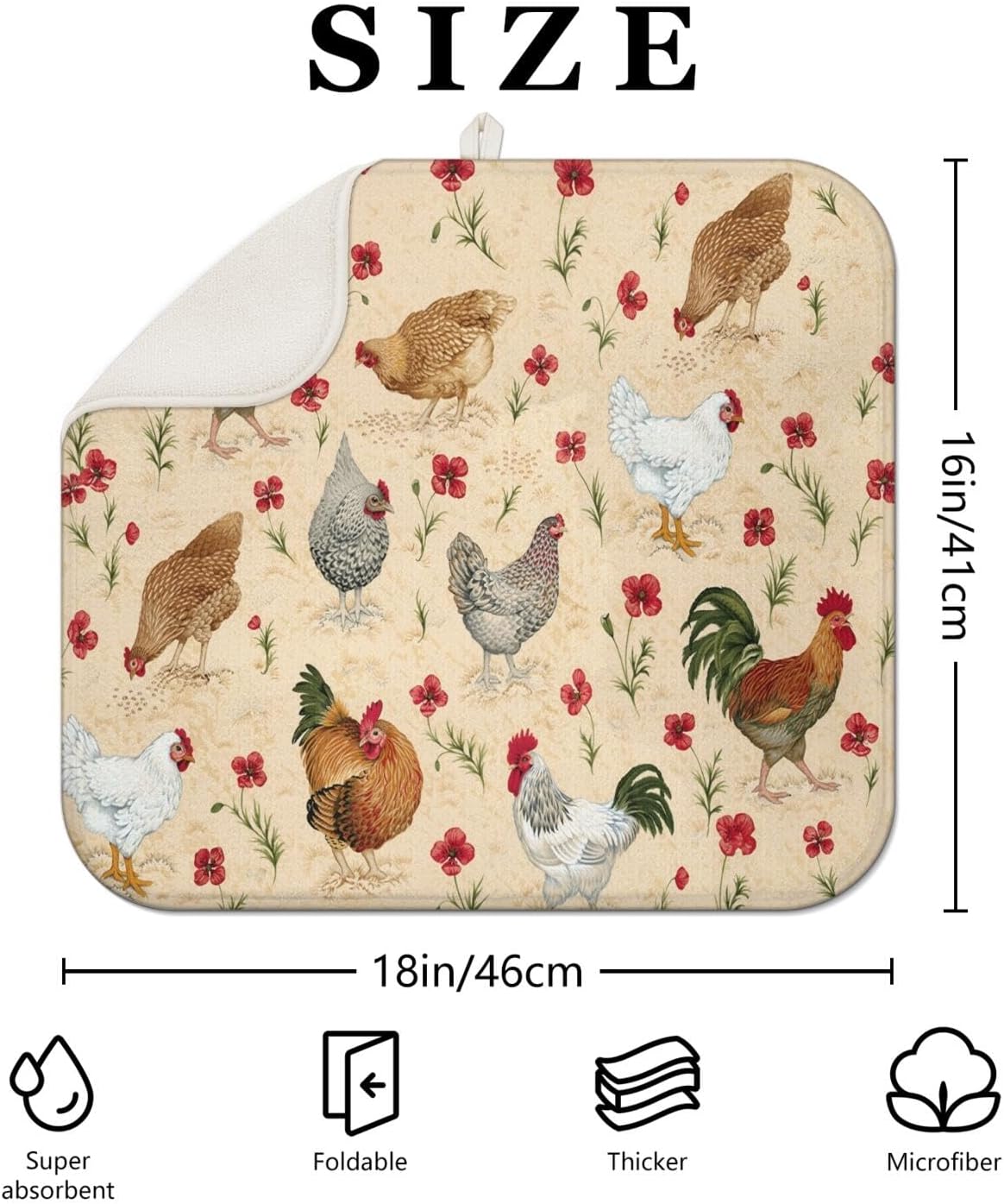 Funny Chicken Dish Drying Mat for Kitchen Counter Fast Absorbent Microfiber Dishes Drainer Mat for Dishes Drying Pad for Dishes, Utensils, Pots and Pans Kitchen Decor 16x18 in