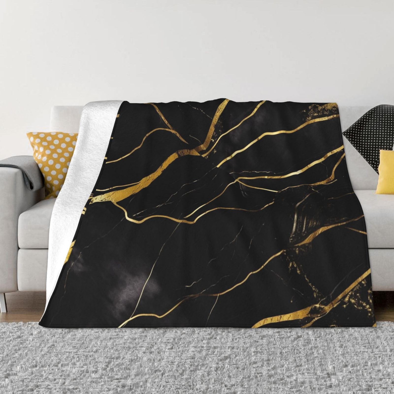 Jetés à texture marbrée micro-polaire pour canapé lit toutes saisons plaid noir et or