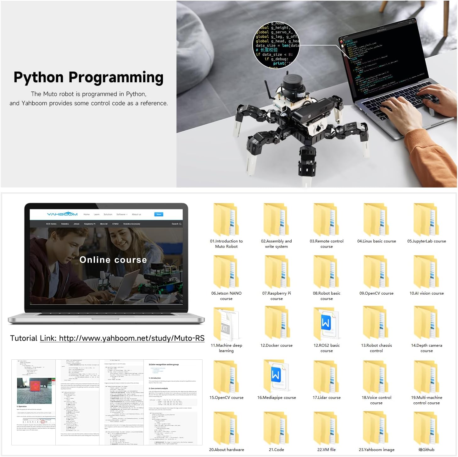 Image showing Python programming code on a monitor next to the Muto-RS robot, and a collection of online course folders and tutorial documents.