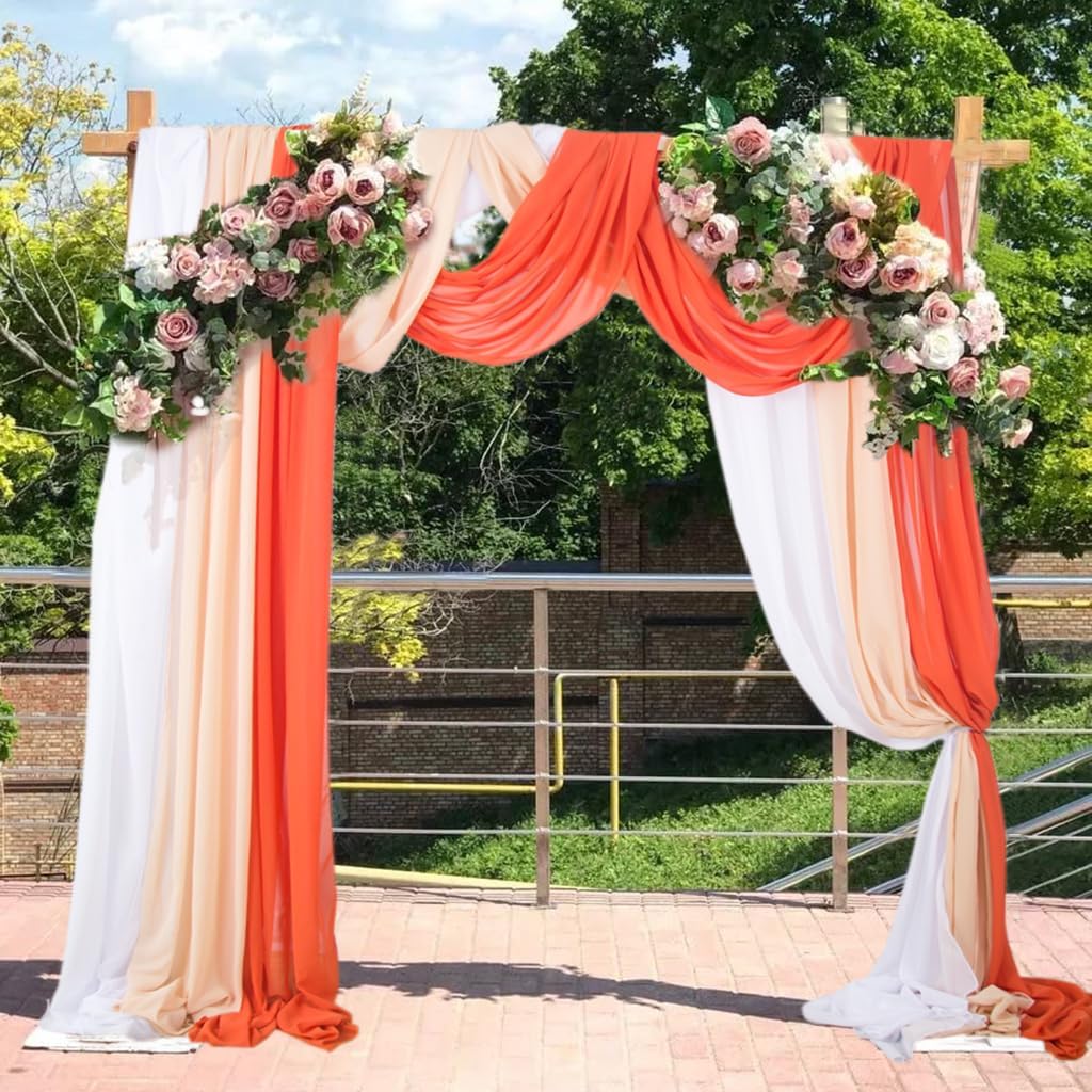 3 Panels 20Ft Fall Wedding Arch Drapes Chiffon Fabric Drapes Sunset Terracotta Sheer Hanging Drapes Arrangement for Wedding Ceremony Reception Party Decoration (White+Cream+Burnt Orange)