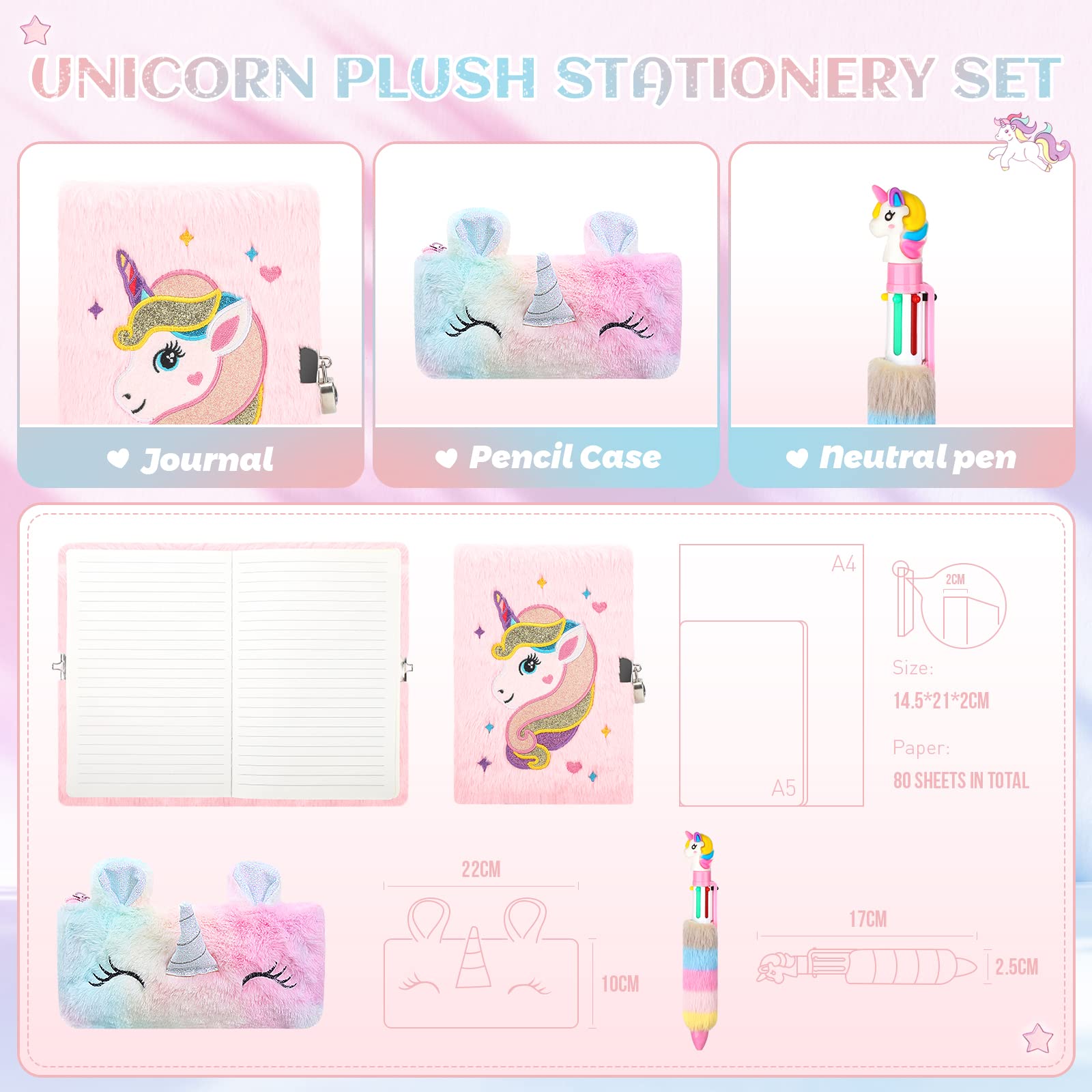 Anyfirst Diario Segreto per Bambina con Lucchetto, Set di Taccuino in Peluche e Un A5 Unicorno, Regalo 5-12 Anni, Rosa