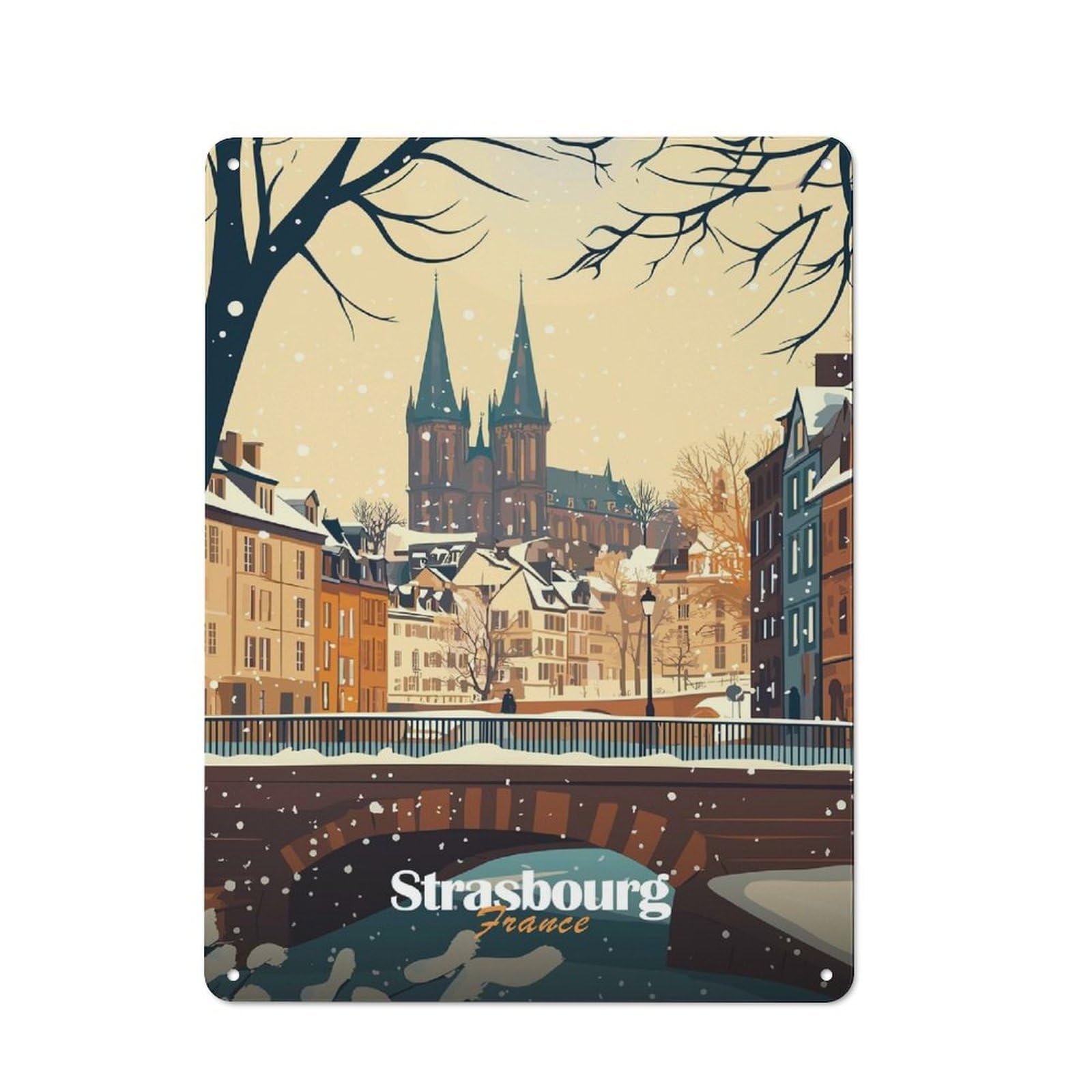 Junmoney Style-3 Tin Wall Plaque 40X30cm With Strasbourg Winter Scene For Dining Room Or Kitchen, A Winter Wall Decor Update For Dining Room Decor Fans