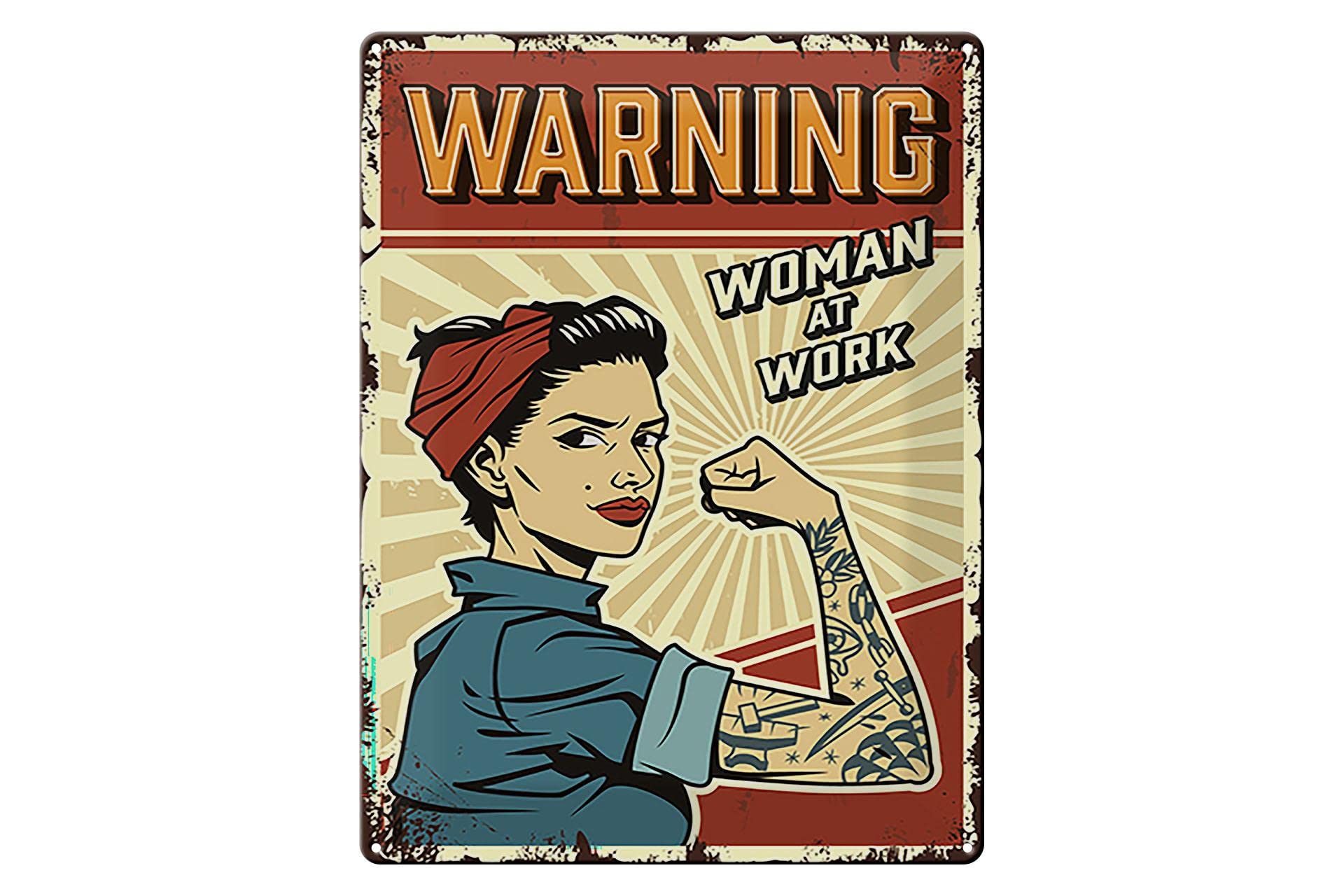 Dekono7 Women's Tin Sign 40 X 30 Cm Warning: At Work Vintage Sign