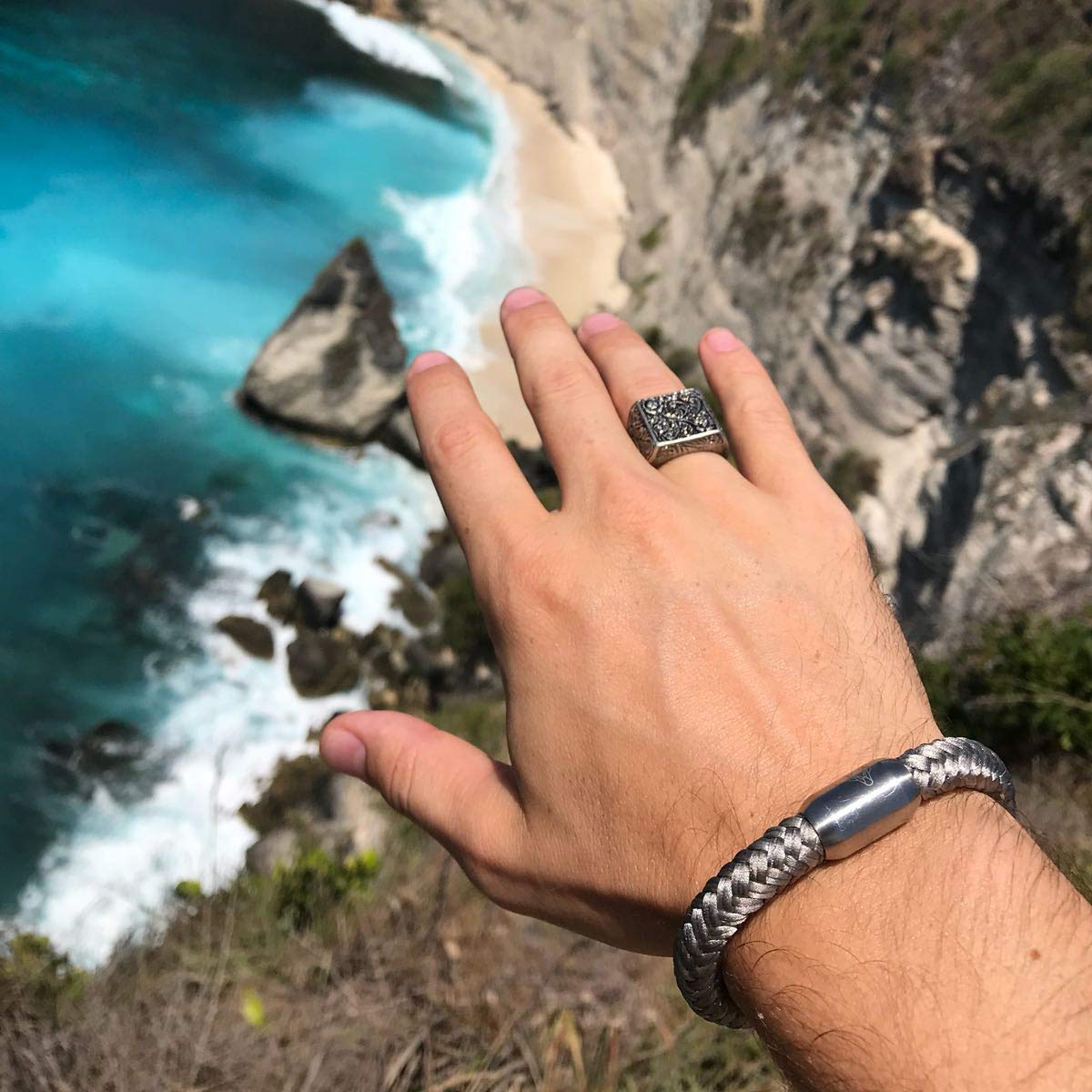 Akitsune Floris Anillo | Design-Anillo Mujer Hombre Acero Inoxidable Sello de Adorno Floral Grande - Antiguo Plata - US 10