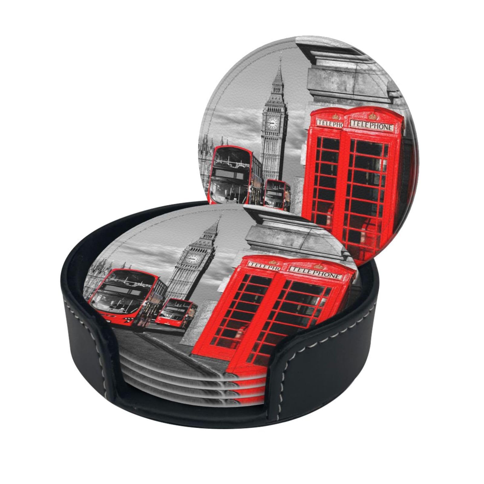 England Uk London Telephone Print Round Leather Coasters - Set Of 6, Ultra-Fiber Pu Leather