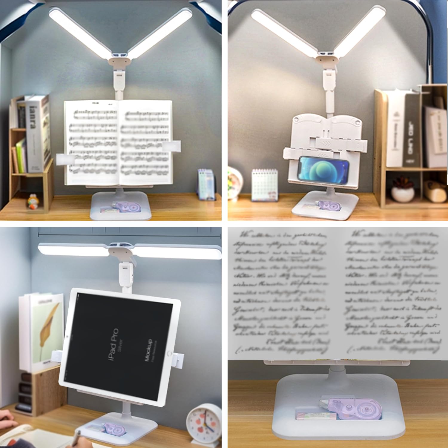KZT Lampa biurkowa LED z podwójną głowicą, akumulatorowa/bezprzewodowa lampa stołowa, 3 bezprzewodowe ściemnianie jasności, lampka nocna, przenośna składana, lampa dotykowa, do czytania, nauki