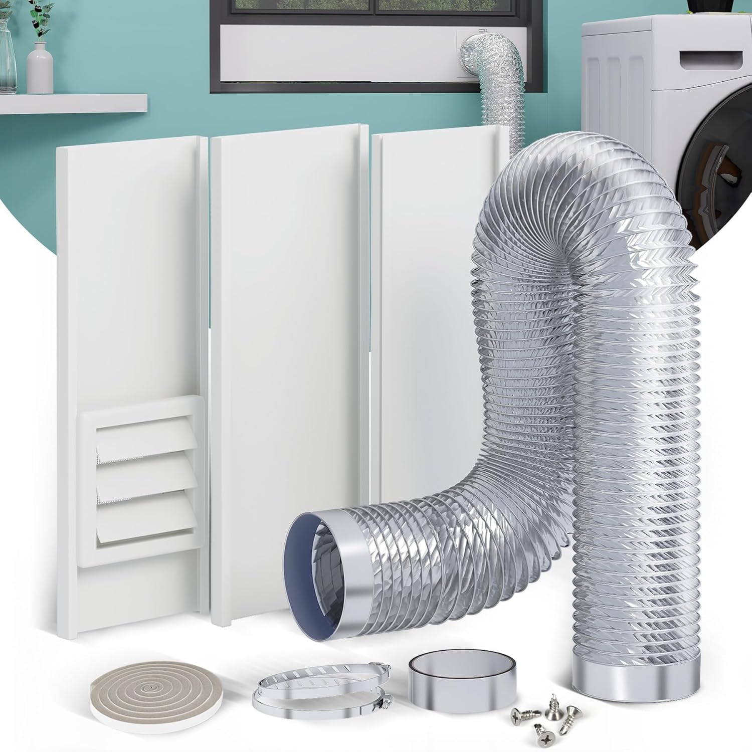 Dryer Vent Window Kit, Adjustable Window Vent Kit with Outdoor Dryer Vent Cover & 4 Inch Flexible Aluminum Foil Hose, Window Exhaust Vent Kit for Sliding and Hung Windows