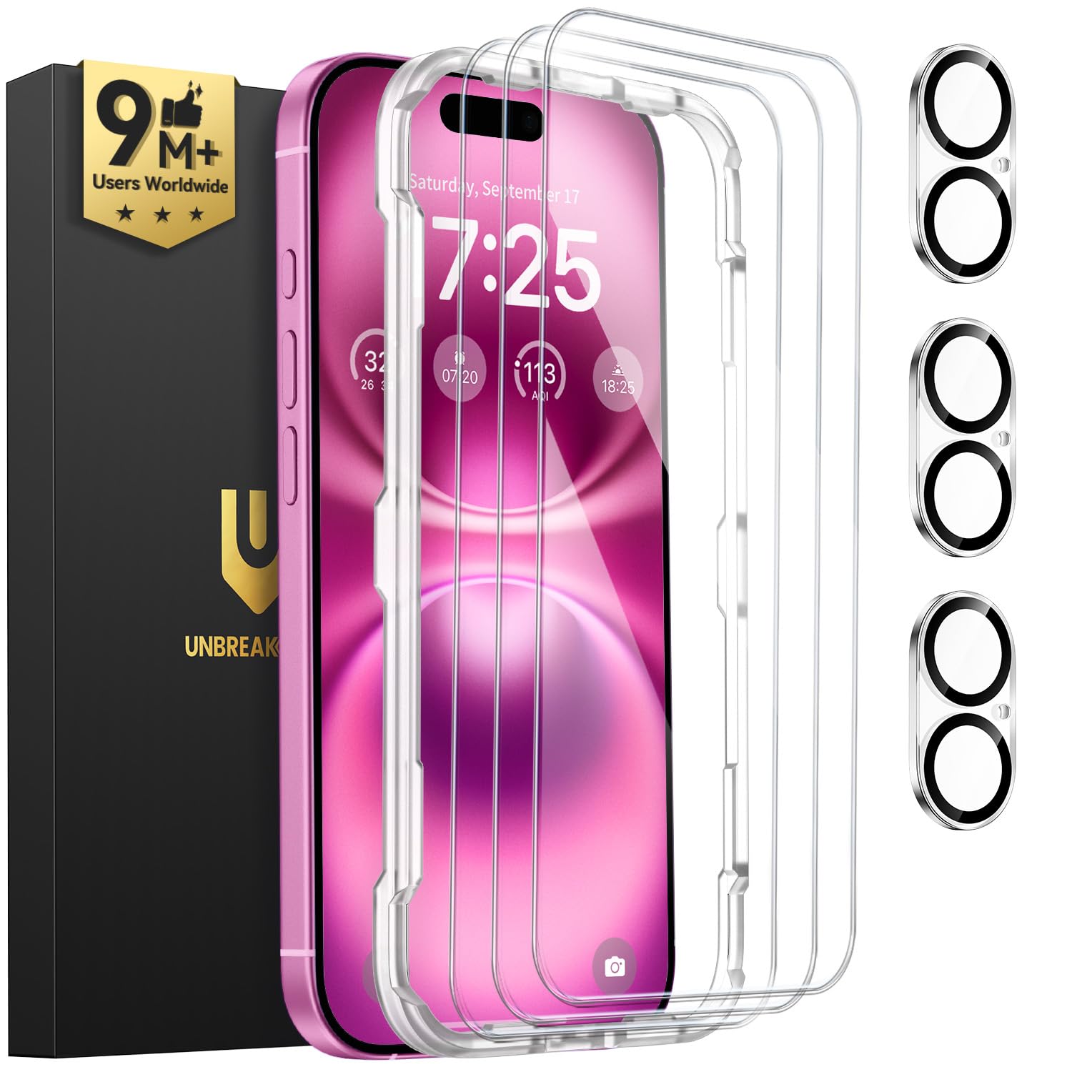 UNBREAKcable iPhone 16 Plus Screen Protector 3-Pack, Upgraded Dual-Tempered Glass + 3 Camera Lens Protectors, Military-Grade 9H Hardness, HD Clarity, Anti-Fingerprint, Case Friendly, 6.7 Inch