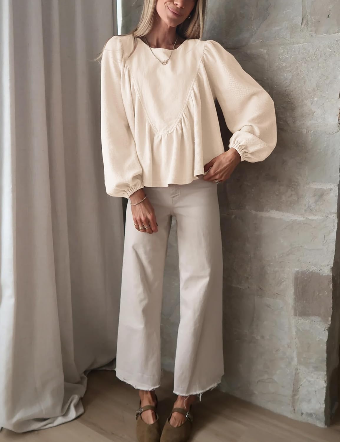 Women's Peplum Babydoll Top Waffle Knit Shirt with Back Button Lantern Sleeves for Casual Outfits - Image 3