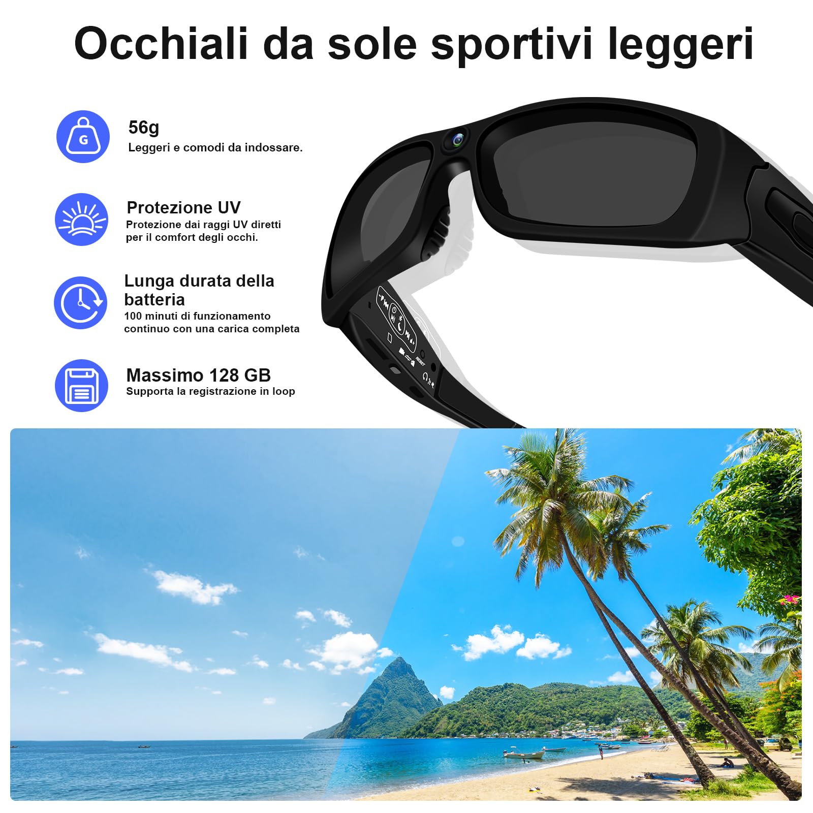 CYI Action Cam Occhiali da Sole - Videocamera Sportiva 1080P con Bluetooth 5.0, Chiamate e Musica, Impermeabile IPX4, 100 Min Autonomia, per Ciclismo/Moto/Sci (Incl. Auricolari)