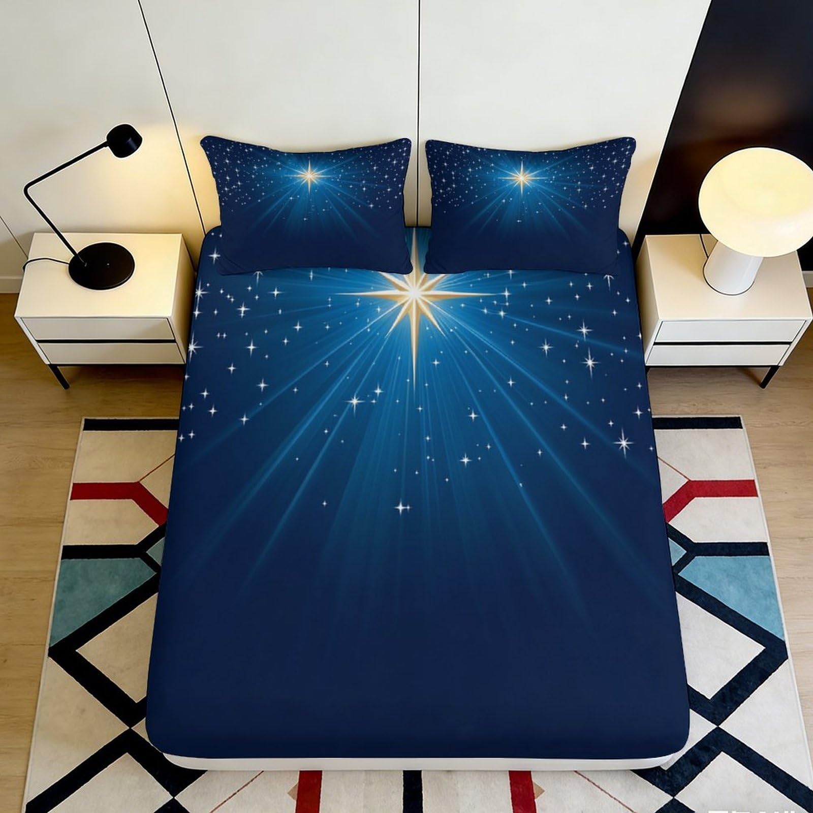 3D Printed Starry Sky Fitted Sheet Microfiber Deep Pocket Non-Slip Bedroom Bedding Star Mattress Fitted Cover Elastic Hem Washable for Adults 140x200x25cm