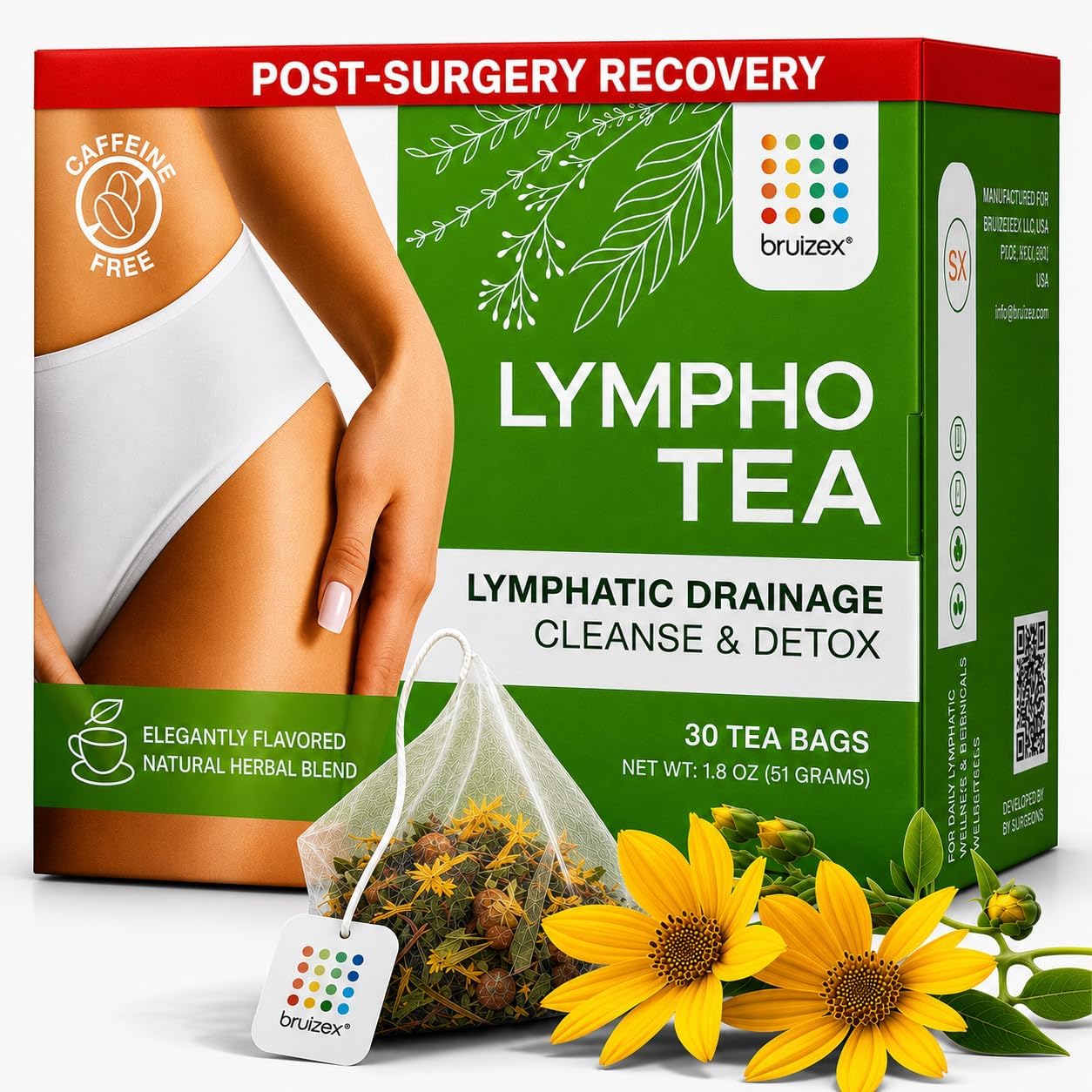 Bruizex Lymphatic Natural Herbal Tea, Lymphatic Drainage, Ginger Blend for Lymphatic System Health, Post Surgery Recovery Liposuction, BBL, Tummy Tuck, Lipedema & Lymphedema, 30-Pack