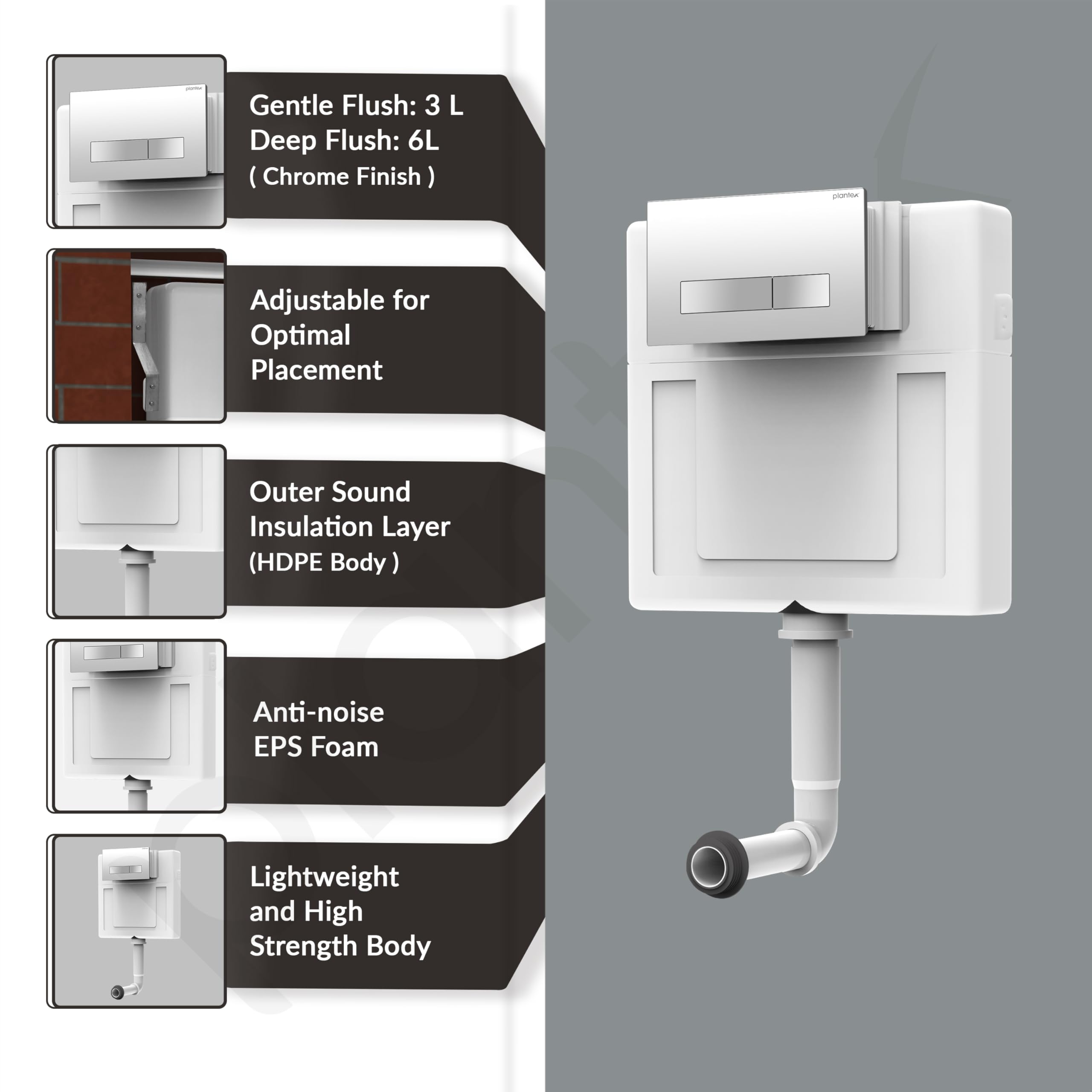 Plantex Concealed Tank for Commode/Cistern Flush Tank for Toilet with 8 LTR Capacity/Flushing Cistern Tank/Slim and Stylish Dual Flush Tank with All Internal Accessories - Pack of 1 (White) 2