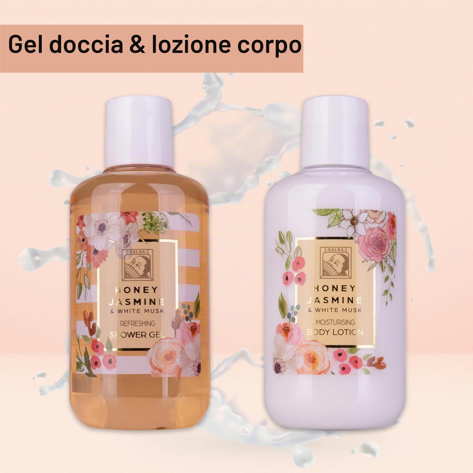 Accentra Set doccia da donna Honey Jasmine in bella confezione regalo – Set di 4 pezzi con gel doccia, lozione per il corpo, burro per il corpo e spugna a rete – Set regalo per San Valentino e festa
