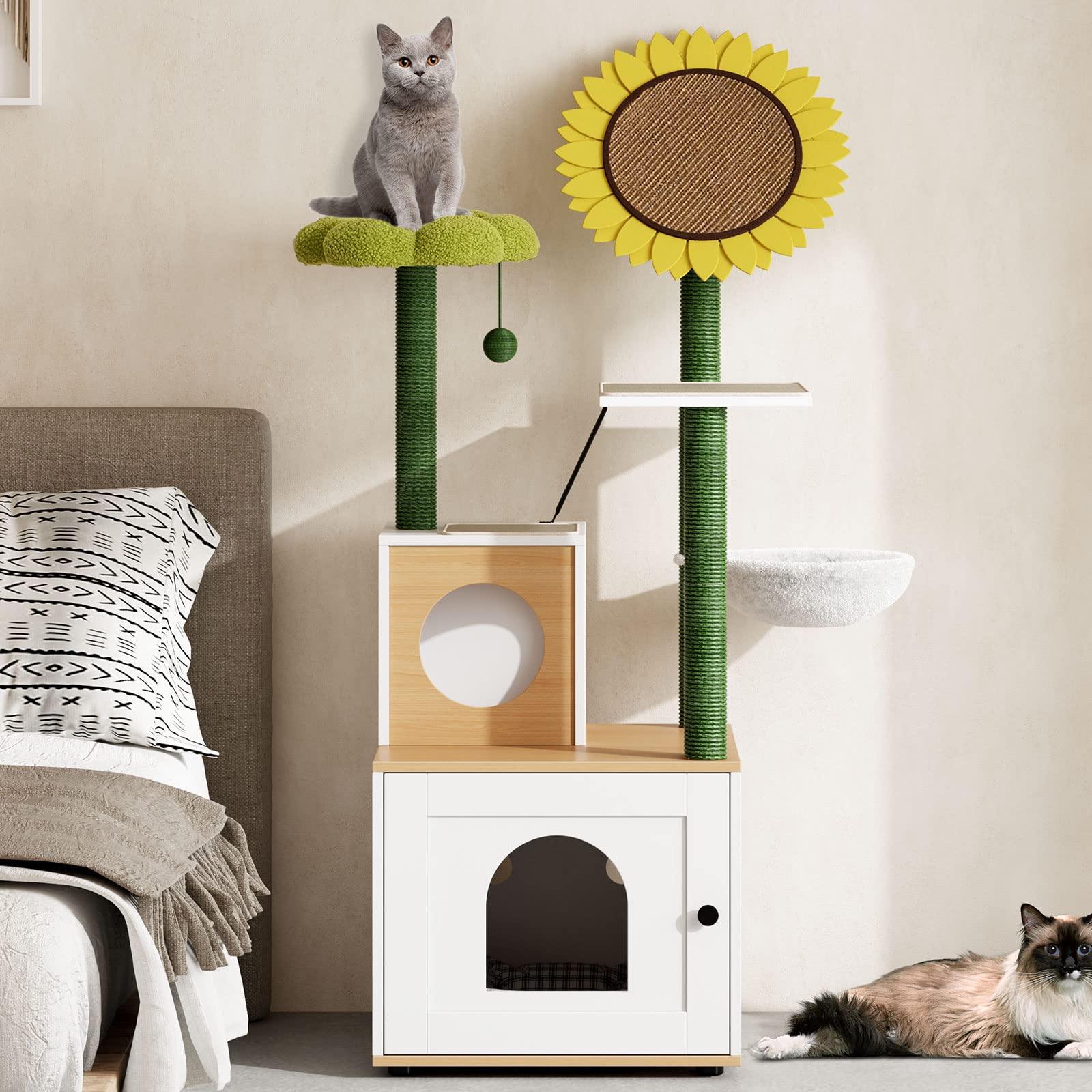 Sogesfurniture Albero per gatti, 152 cm, mobile a più piani con porta, grotta, tiragraffi, corda in sisal, verde, asta e amaca morbida