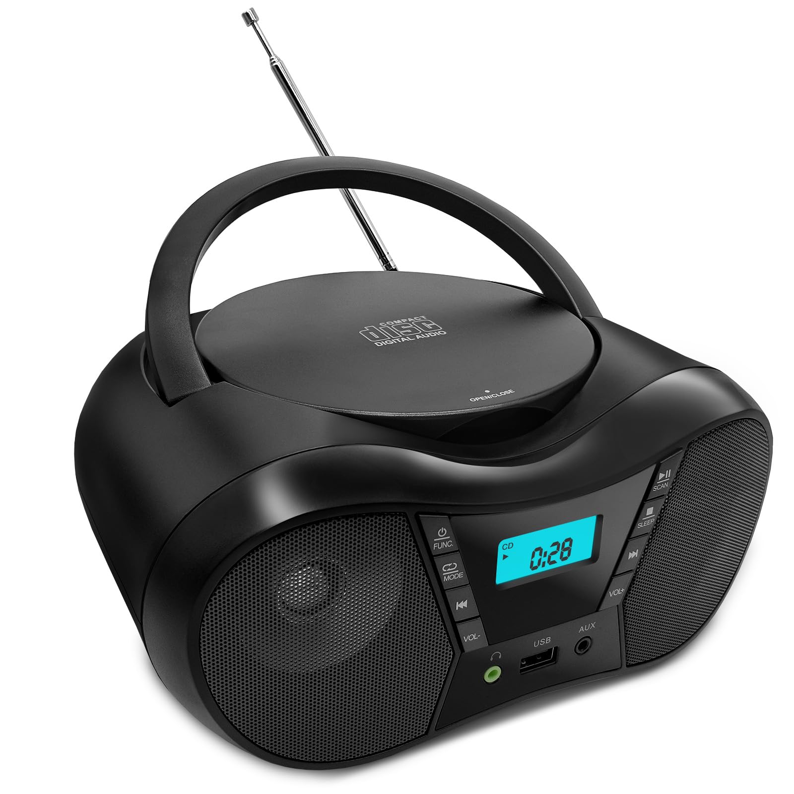 Tragbarer CD-Player Boombox mit FM-Radio, Bluetooth-Lautsprecher, AC/Batteriebetrieben, unterstützt CD/CD-R/RW/USB/BT/AUX, LCD-Display, Kopfhöreranschluss, Geschenke für Eltern (Schwarz)