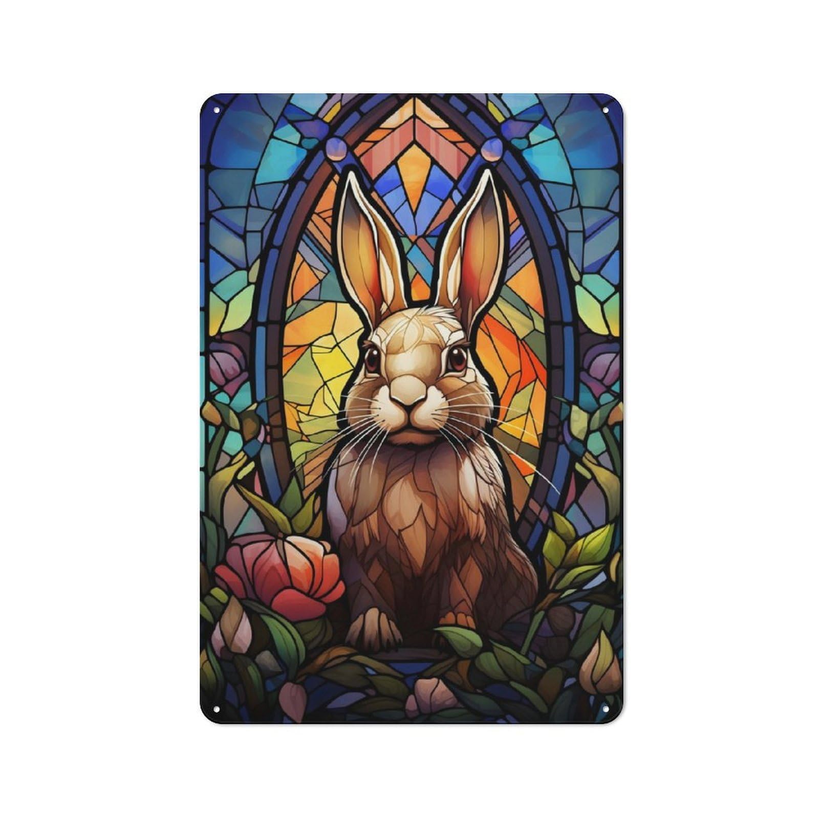 Junmoney Rabbit Bunny Stained Glass Tin Sign 30X20cm With For Workshop Wall, Retro Decor, For Vintage Wall Decor Fans, For Garage And Workshop Walls