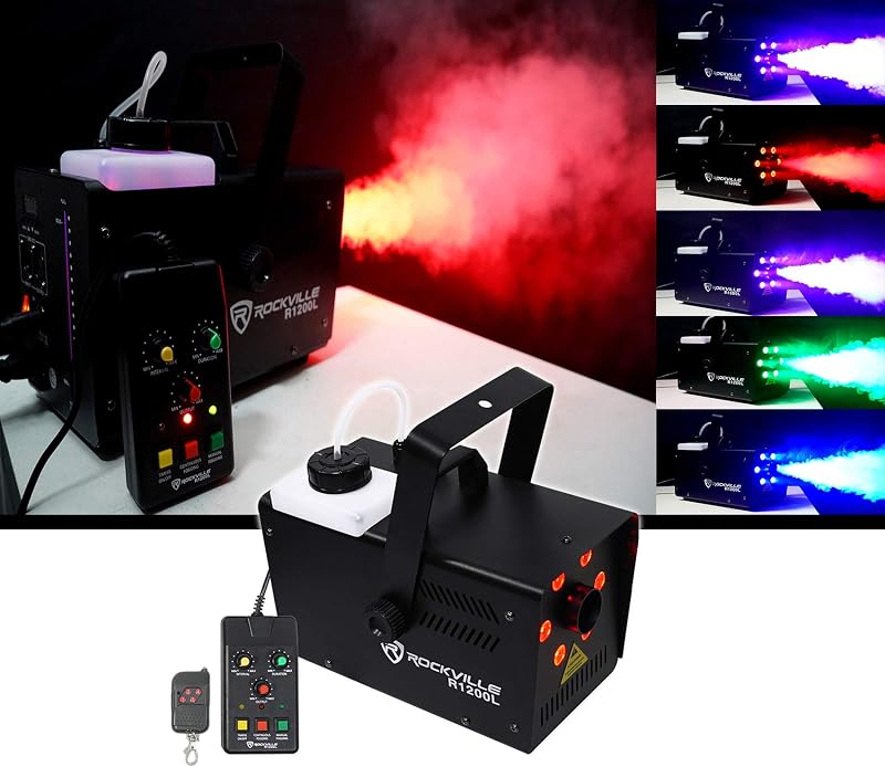 máquina de humo/niebla R1200L con luces LED RGB/estroboscópico, 7 canales DMX | Salida de 12000 CFM, controles remotos inalámbricos y con cable incluidos, activado por sonido, tanque de 1.2 L, medidor de fluido, interior/exterior, 6 LED, 440 W