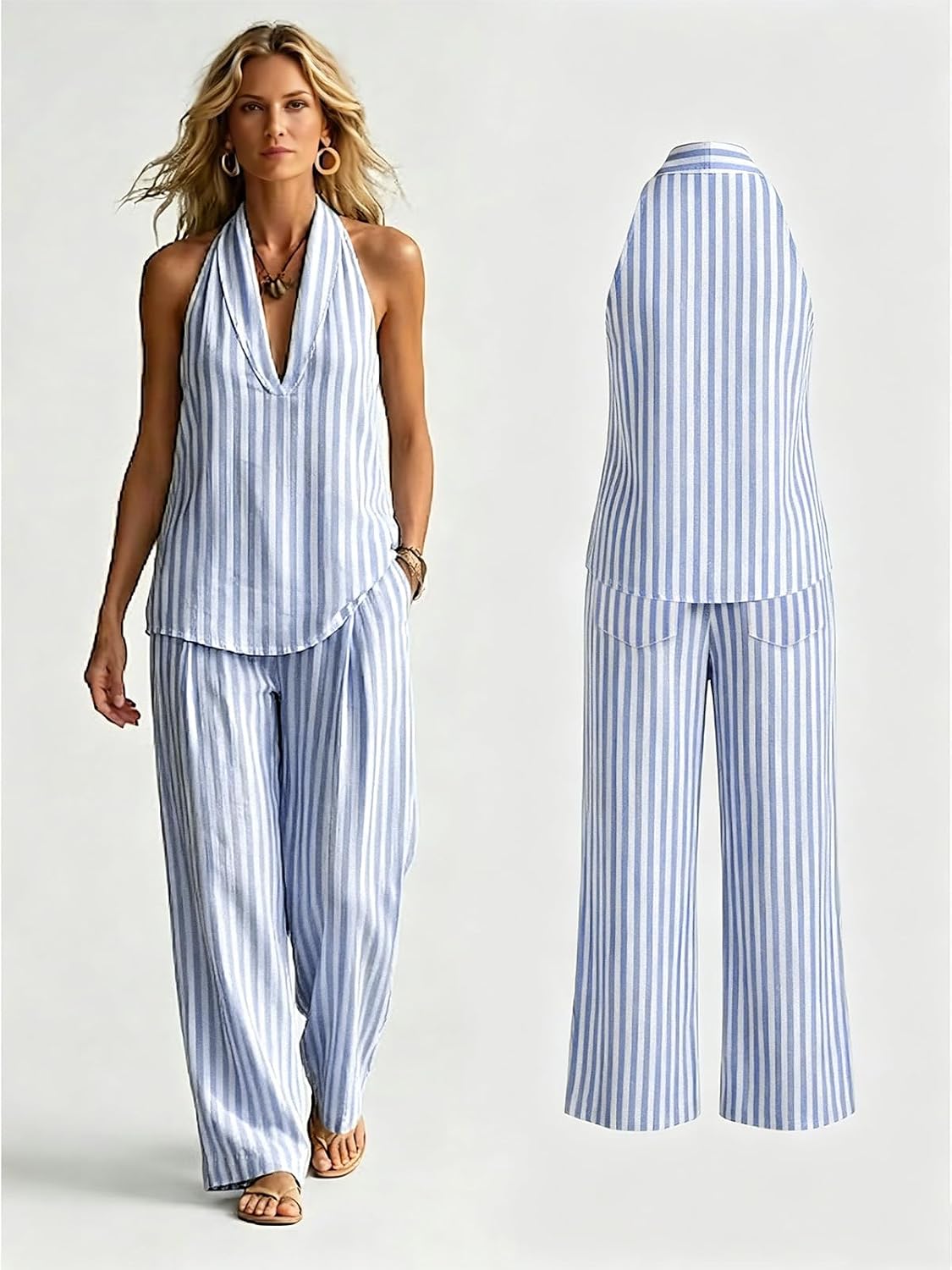 Women Striped 2 Piece Sets Summer Halter V Neck Top and Wide Leg Pants Matching Outfits Casual Set with Pockets