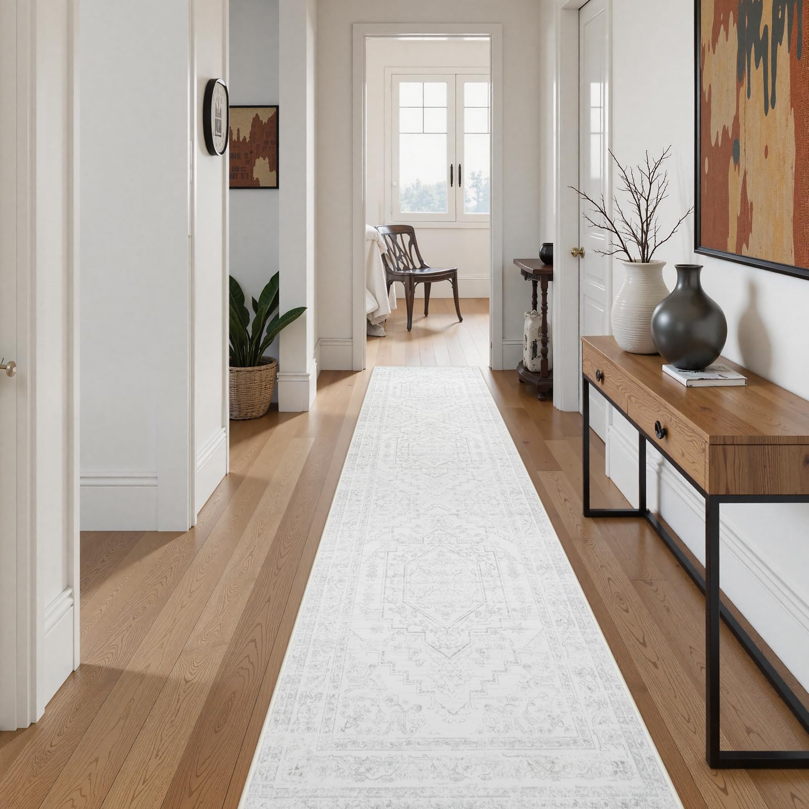 Photo 1 of Uphome Long Runners for Hallways, 2'6x12 Washable Boho Bedroom Runner Rug Non Slip, Modern Soft Entryway Runner Rugs Low Pile, Non Shedding Floor Carpet Runner for Hallway Kitchen, Ash White