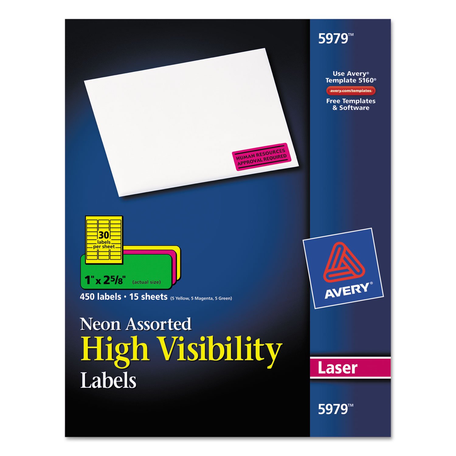 Averyamp;reg; High-Visibility Labels for Laser Printer, 1 x 2-5/8, Assorted Neons, 450/Pack
