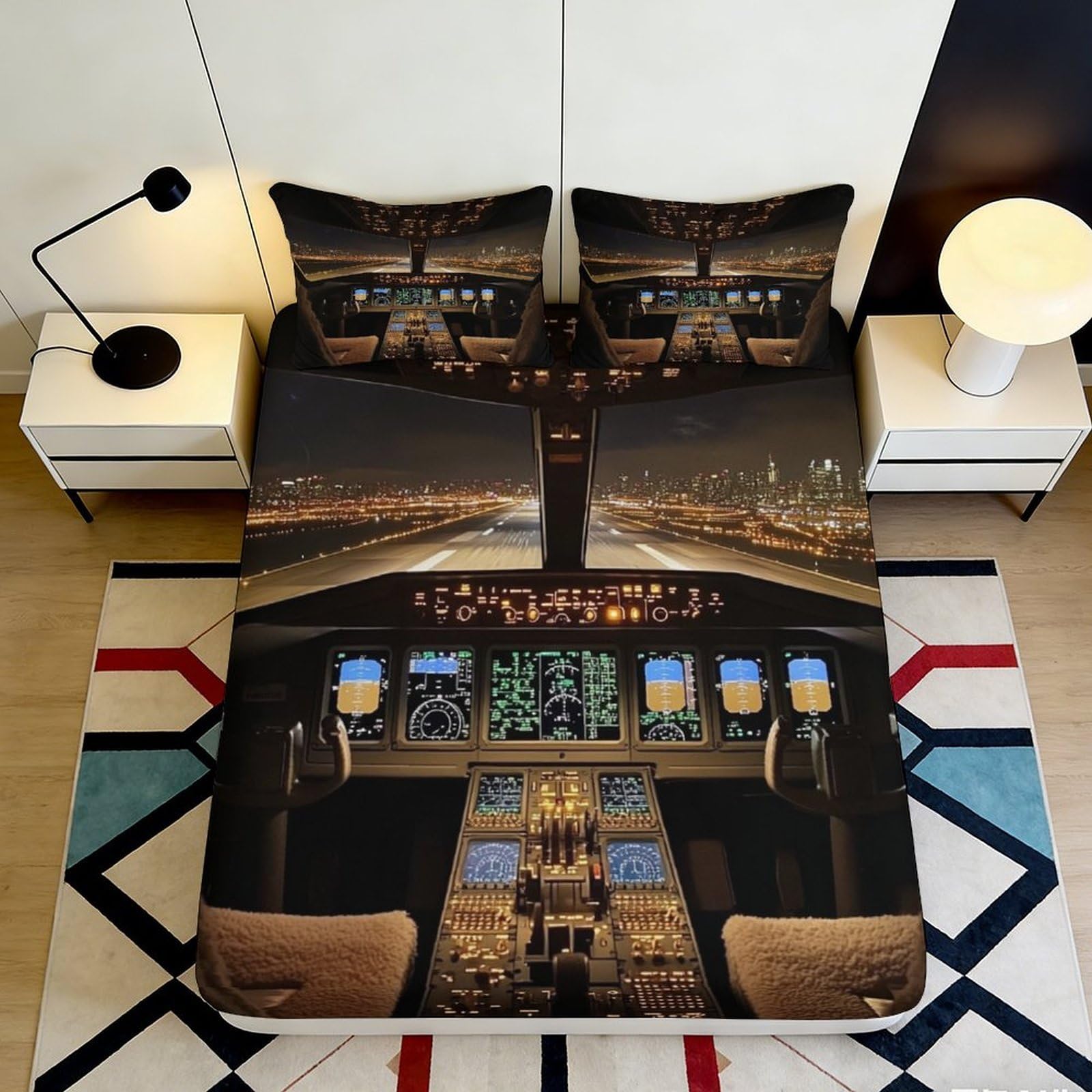 3D Printed Cockpit Night View Fitted Sheet Microfiber Soft Breathable Aircraft Panel Bed Cover for Bedroom Guest Room Decor 90x200x25cm