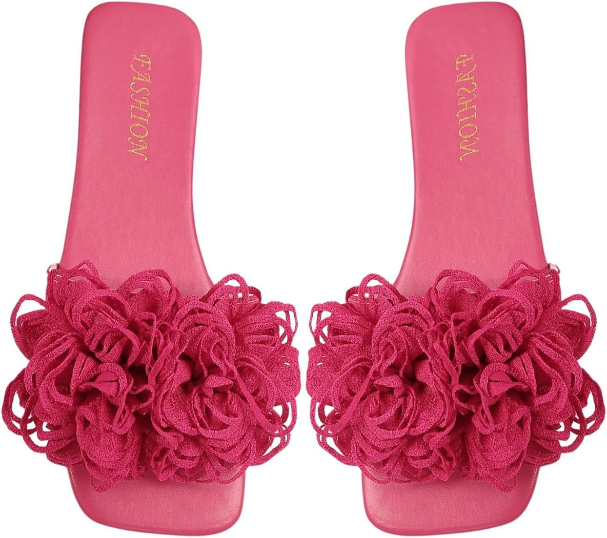 OYOANGLE Women's 3D Floral Flat Sandals Square Open Toe PU Leather Slip on Slides