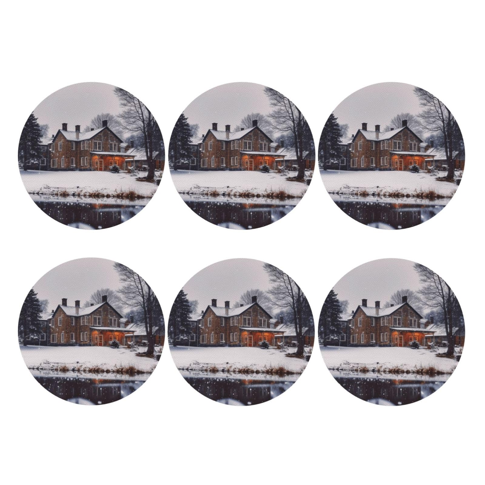 6pcs Leather Coasters for Drinks, Winter Farmhouse Drink Coasters for Tabletop Protection, 4" Cup Coasters for Coffee Table Decor, Non-Slip Drinking Cup Mat for Hot Or Cold Drink