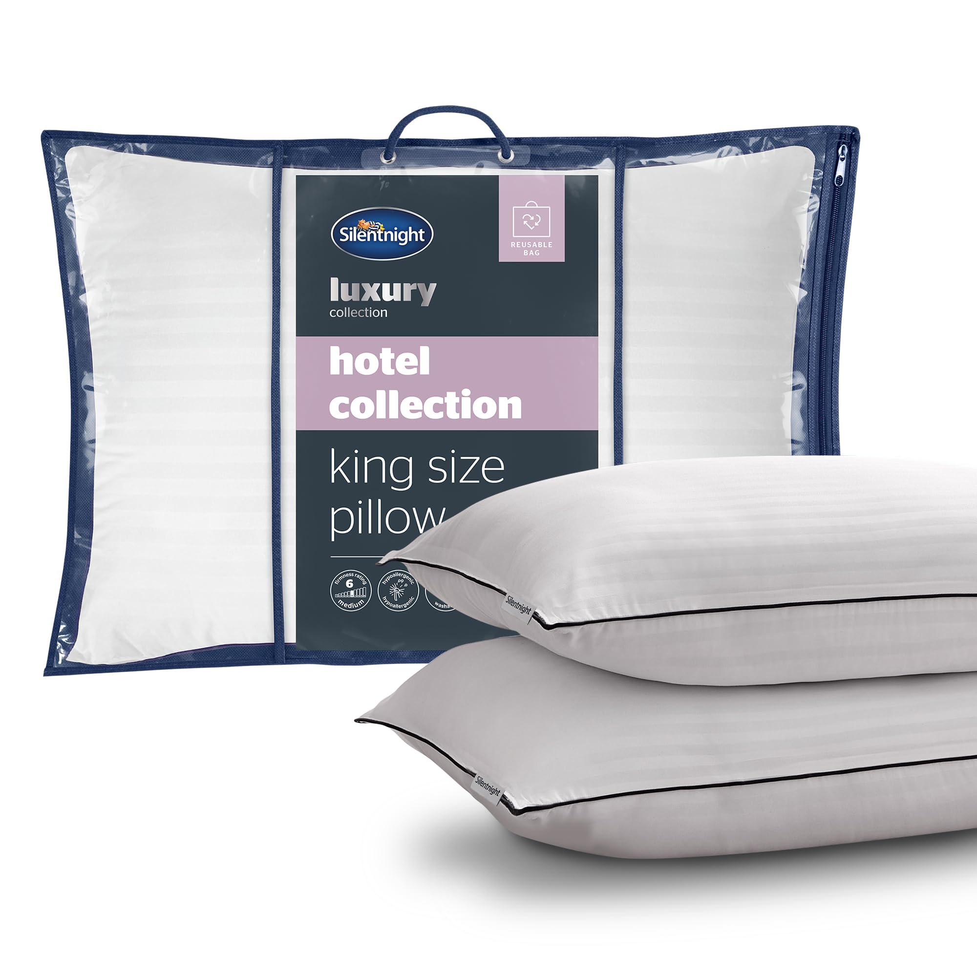 Silentnight Hotel Collection Super King Pillow - Covers Half of a Super King Size Bed - Luxury Quality Big Large Pillow - Soft Touch Cover Filled with the Finest Fibres - Soft Support, 90x48cm, 2 Pack