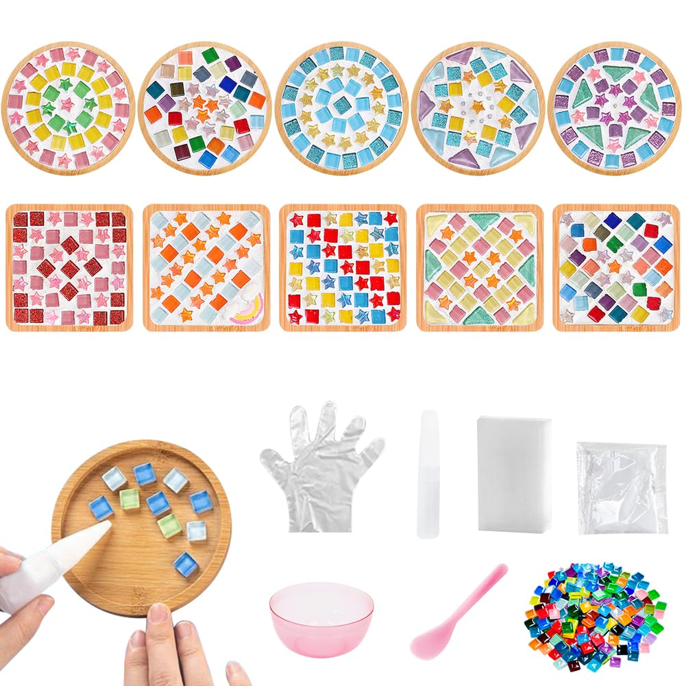 Adboros 10 Sets DIY Glass Mosaic Tiles for Crafts Mixed Color Mosaic Kits with Wooden Coaster for Adults Bamboo Coaster for Drinks Tray Handmade Home Decoration