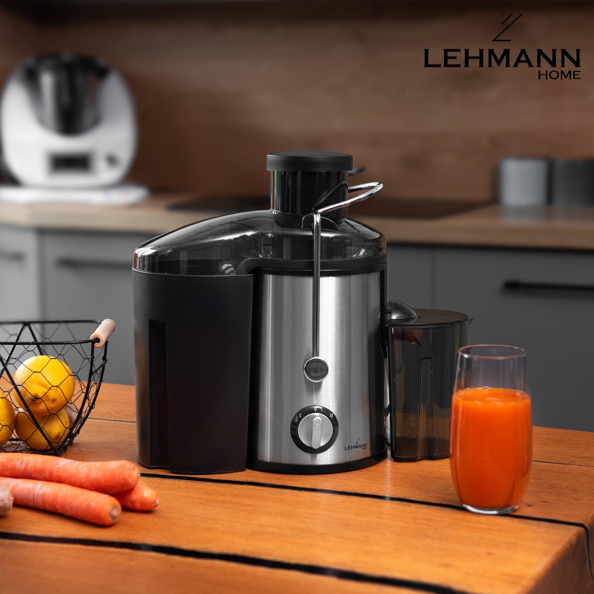 LEHMANN Centrifugeuse Extracteur de Jus, Préparation Rapide, Goulotte large de 75mm, Récipient à Pulpe 1,5L et Récipient à Jus 450ml, 2 Vitesses, Machine à Jus pour Légumes et Fruits