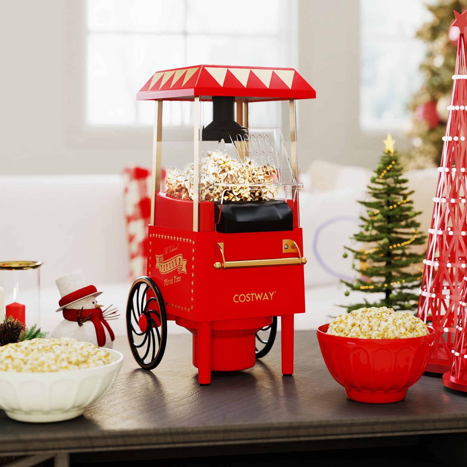 FANTASK Máquina de palomitas de maíz retro, 1200 W, para casa sin aceite, 67 ml, preparación rápida en 2 minutos, para cine en casa, fiestas y hogar, color rojo