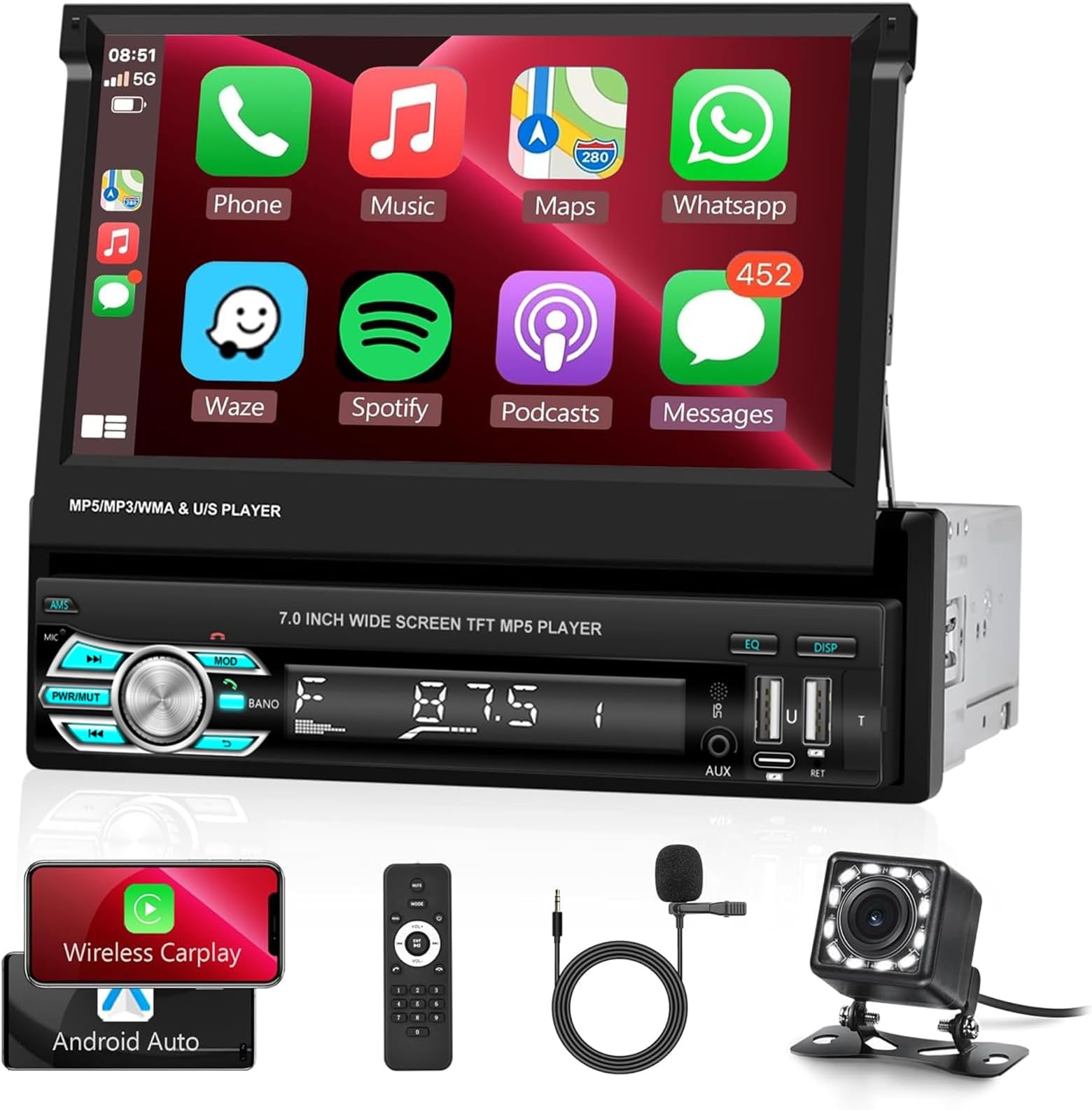 Hodozzy Single Din Car Stereo Wireless Carplay Android Auto, Car Radio Single Din 7 inch Flip Out Touch Screen 1 Din with Bluetooth Mirror Link FM, Player 2-USB/Type-C/AUX/TF/SWC Reversing Camera