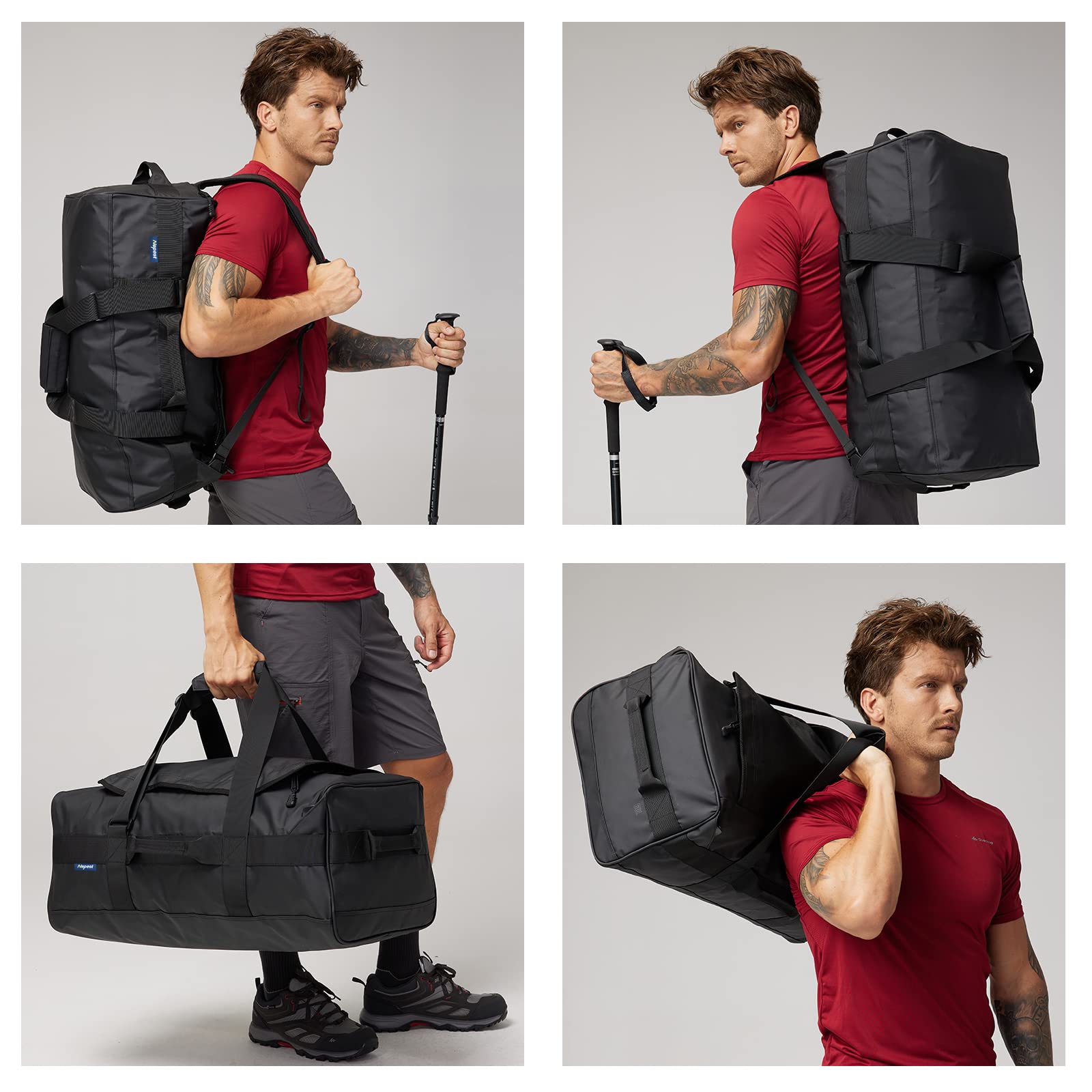 Nepest 90L Large Gym Duffle Bag for Men Travel Weekender Duffel Backpack Bags with Detachable Back Pack Straps for Traveling Overnight Camping Climb Sports, Heavy Duty and Water Resistant (Black)