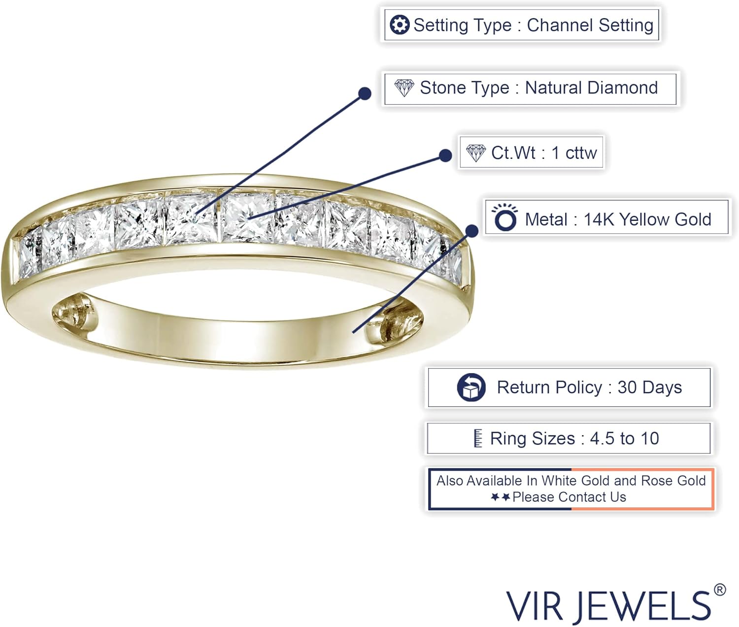 VIR JEWELS 1 cttw Diamond Wedding Anniversary Band for Women Half Eternity Square Diamond Engagement Ring 14K Yellow Gold Princess Cut Channel Set Size 4.5-10