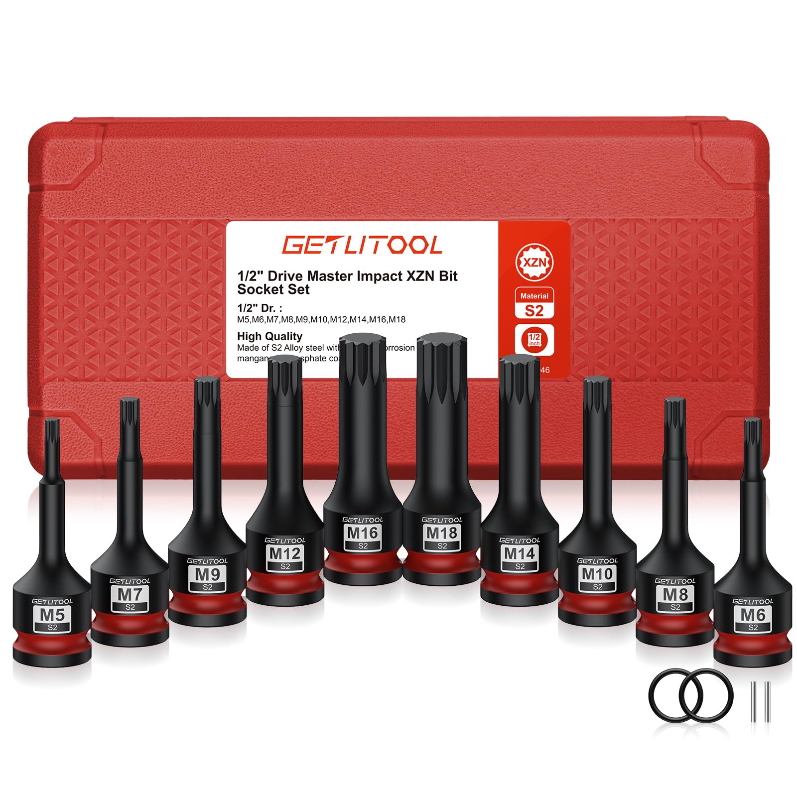 GETLITOOL Lot de 10 douilles à impact XZN en acier S2 triple carré, taille marquée et étui M5-M18 pour réparation automobile et entretien mécanique