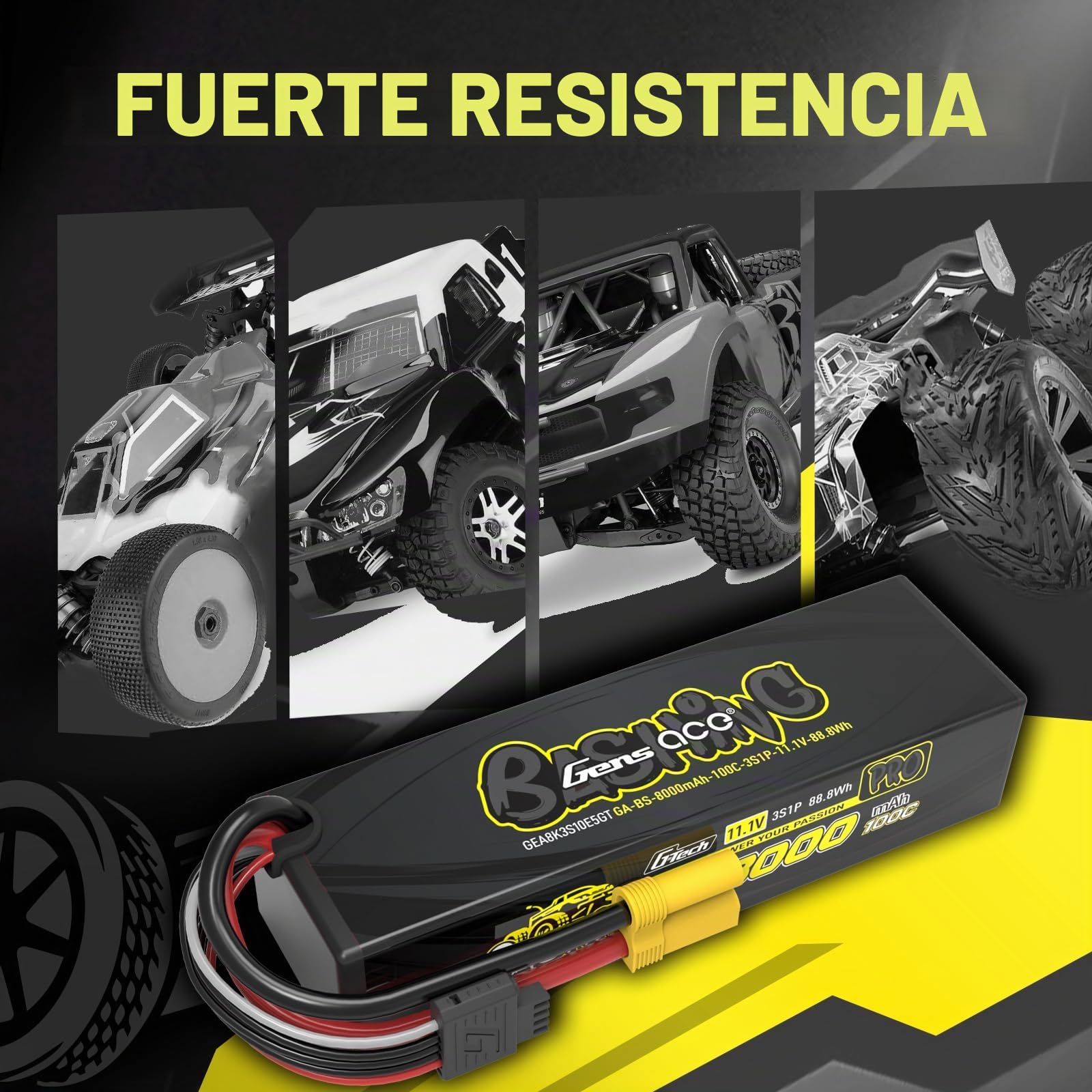 Gens ace 3S LiPo 8000mAh 11.1V 100C Batería de Gran Capacidad diseñada para Coches RC con Conector EC5 y Enchufe G-Tech Negro, Compatible con Modelos a Escala 1/7, 1/8 y 1/10