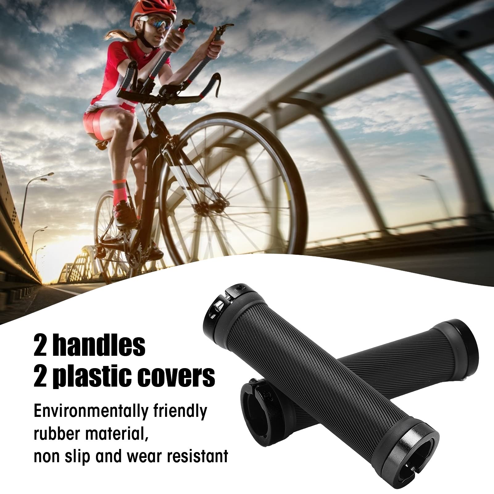 2PCS Bikes Handlebar Grips, Rubber Mountain Bikes Handlebar Grips, Avoid Slip Bikes Hand Bar End Grips with 2PCS Plastic Covers, Bikes Grips for 22mm Road Mountain Bicycle(Black)