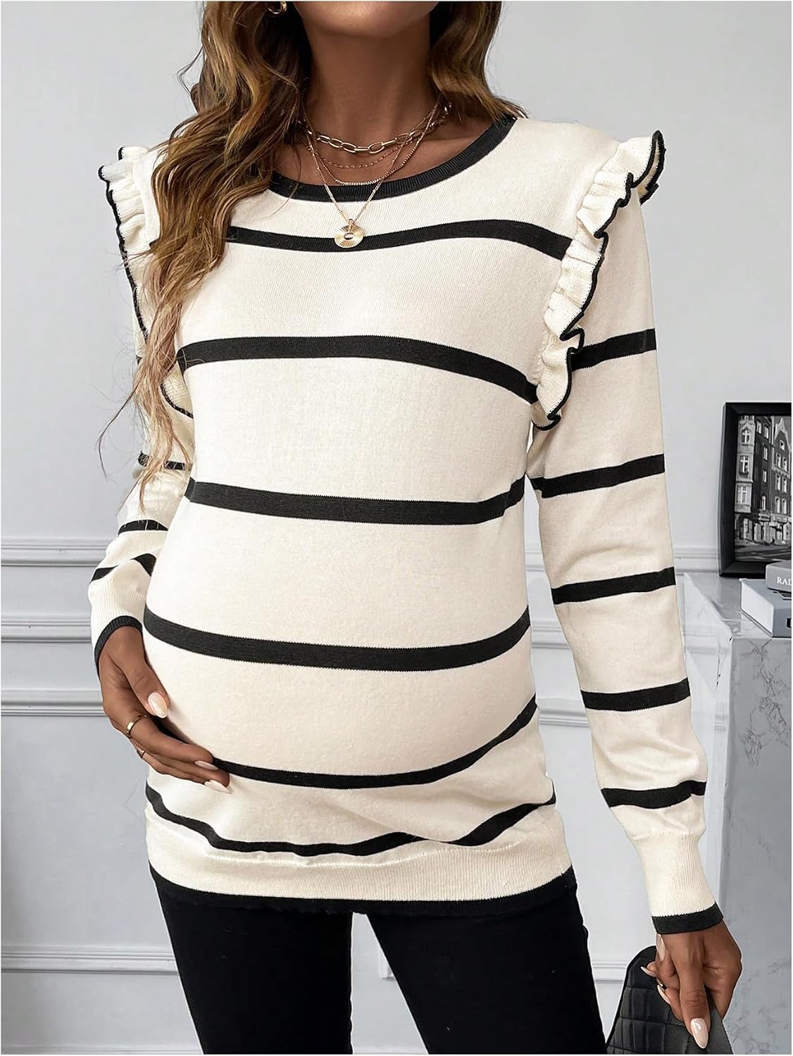 OYOANGLE Women's Maternity Striped Frill Trim Sweater Crewneck Long Sleeve Knit Fall Pullover Tops