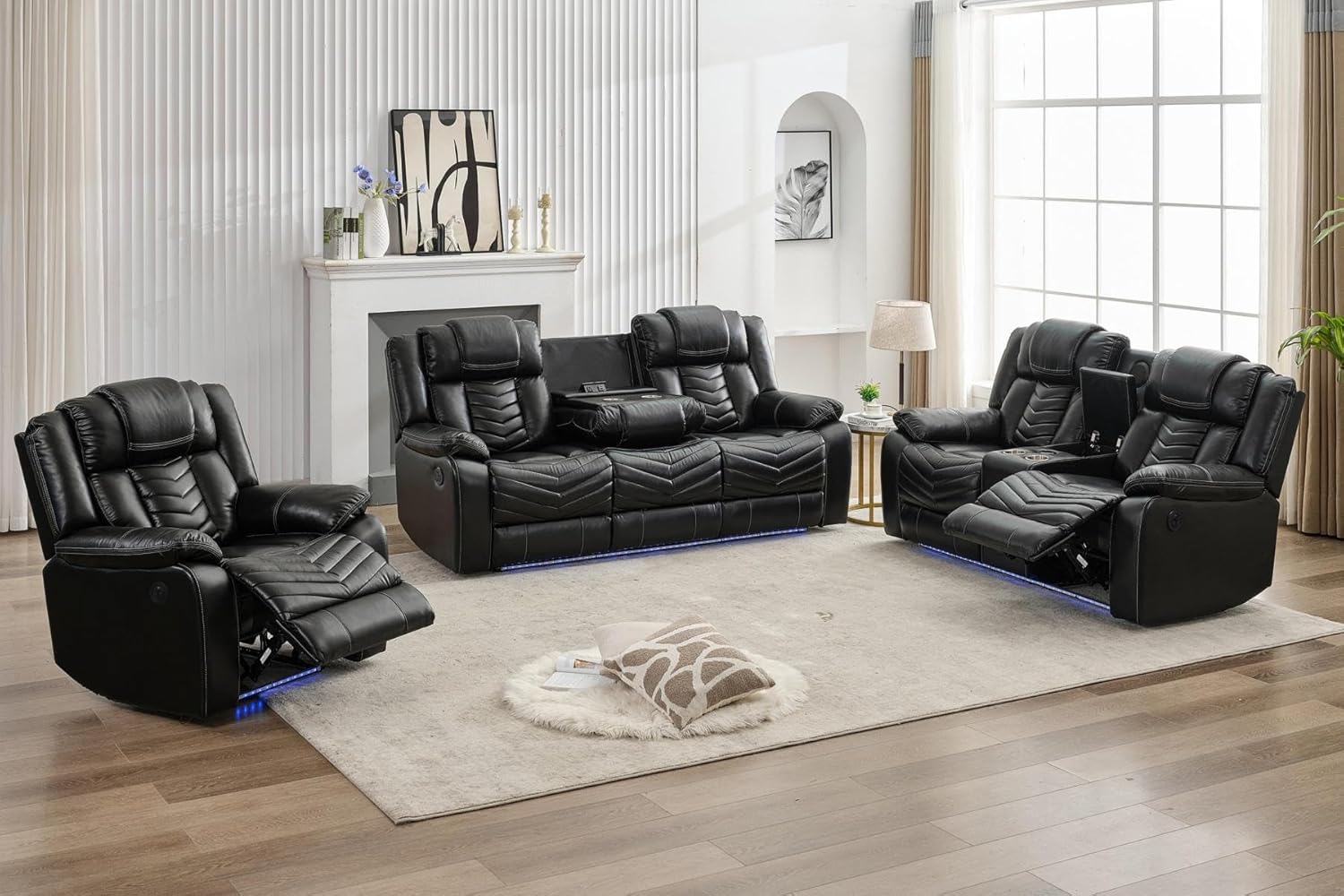 Power Recliner Sofa Set 6-Seater with Zero Gravity,Bass Speaker,Wireless Charger,USB/Type-C Ports,LED Lights,Cup Holders,Faux Leather Electric Reclining Loveseat Couch Recliner Sets,3 Piece,Black