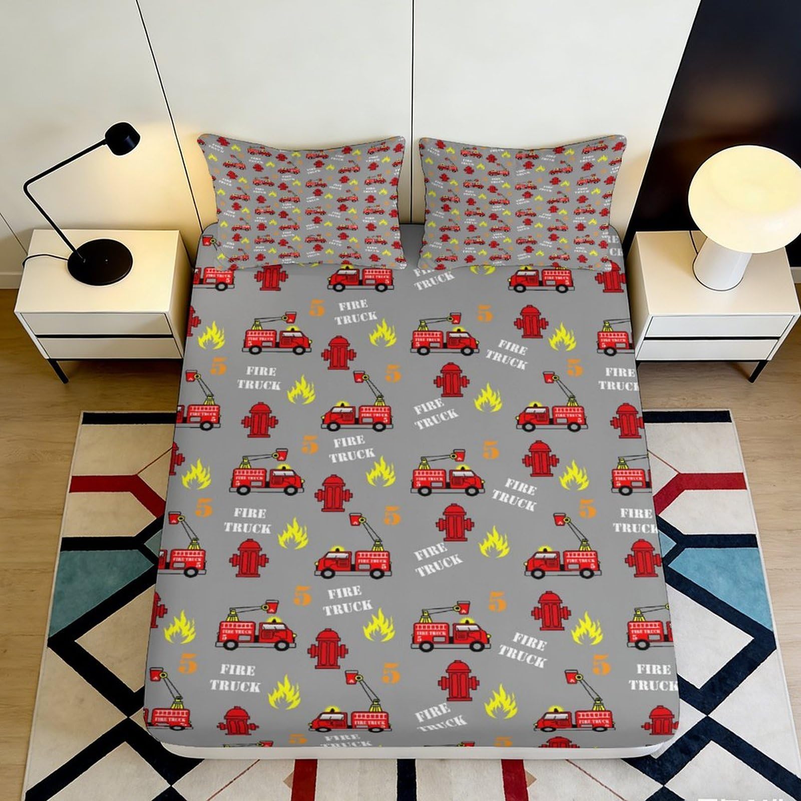 3D Printed Fire Truck Fitted Sheet Microfiber Grey Cartoon Fire Hydrant Mattress Cover Anti-Slip Machine Washable Bedroom Decor 90x200x25cm