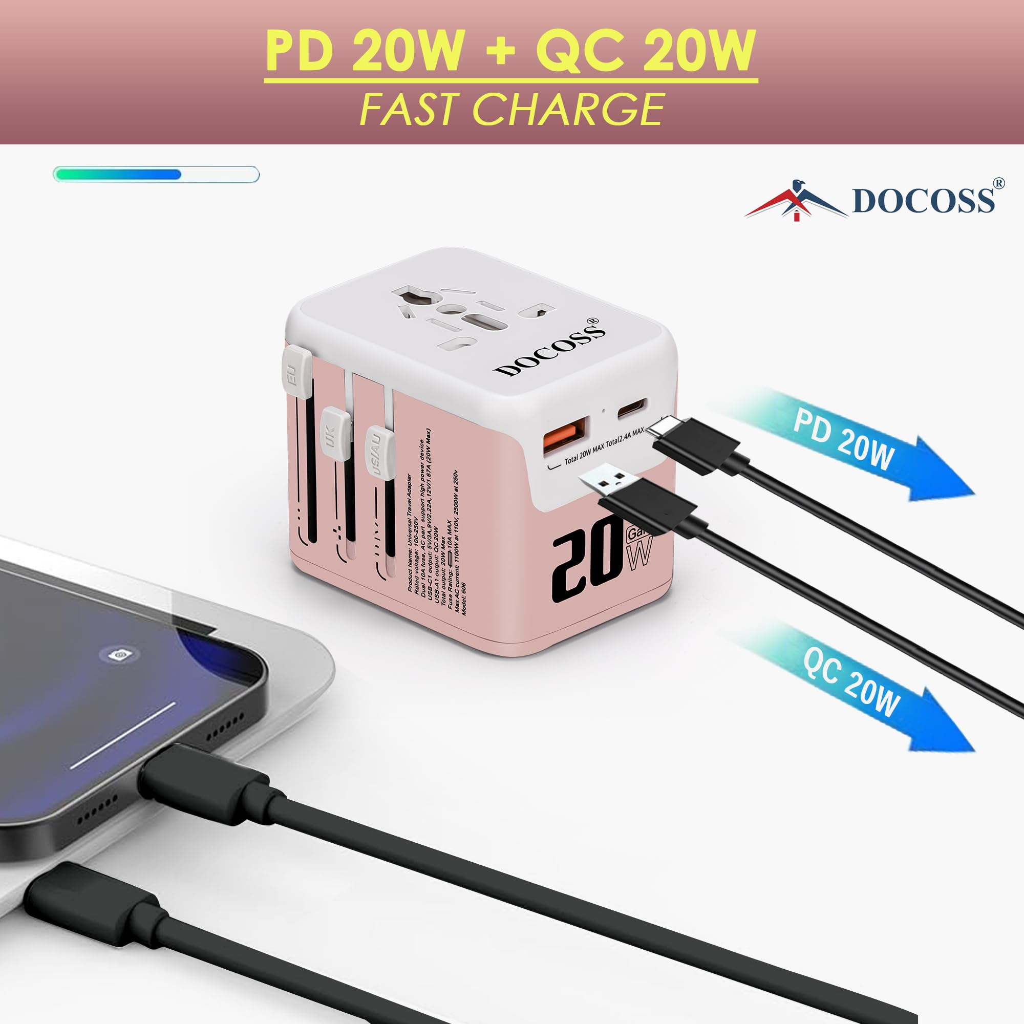Docoss Fast Charging Universal 25W GaN Travel Adapter,International All-in-One Adapter with Type C,QC 3.0,W/3.1A for UK,US,EU-Universal Plug Power Adapter (Pink-White) — Amazon image 2