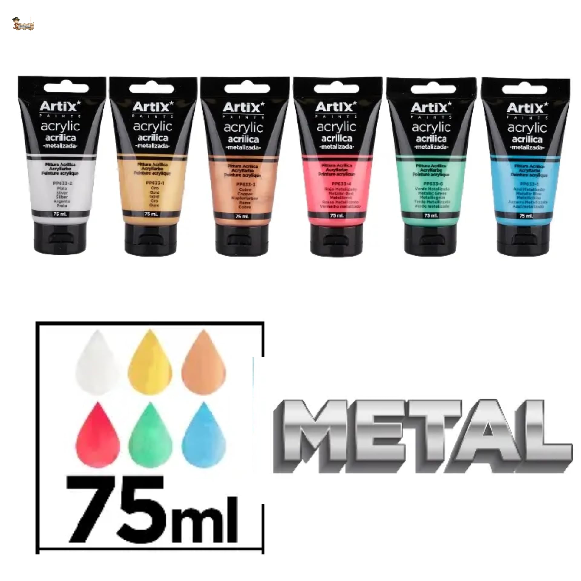 BricoLoco.com Metaliczna farba akrylowa, zestaw 6 tubek po 75 ml, kolory metaliczne, wysoka siła krycia, metaliczny efekt na płótnie, do majsterkowania, sztuki i dekoracji