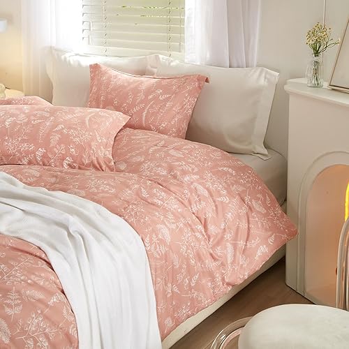 Miniatura 3 de mixinni Juego de edredón tamaño matrimonial con estampado botánico y hojas de flores rosadas, de microfibra lavada ultrasuave, con cierre de