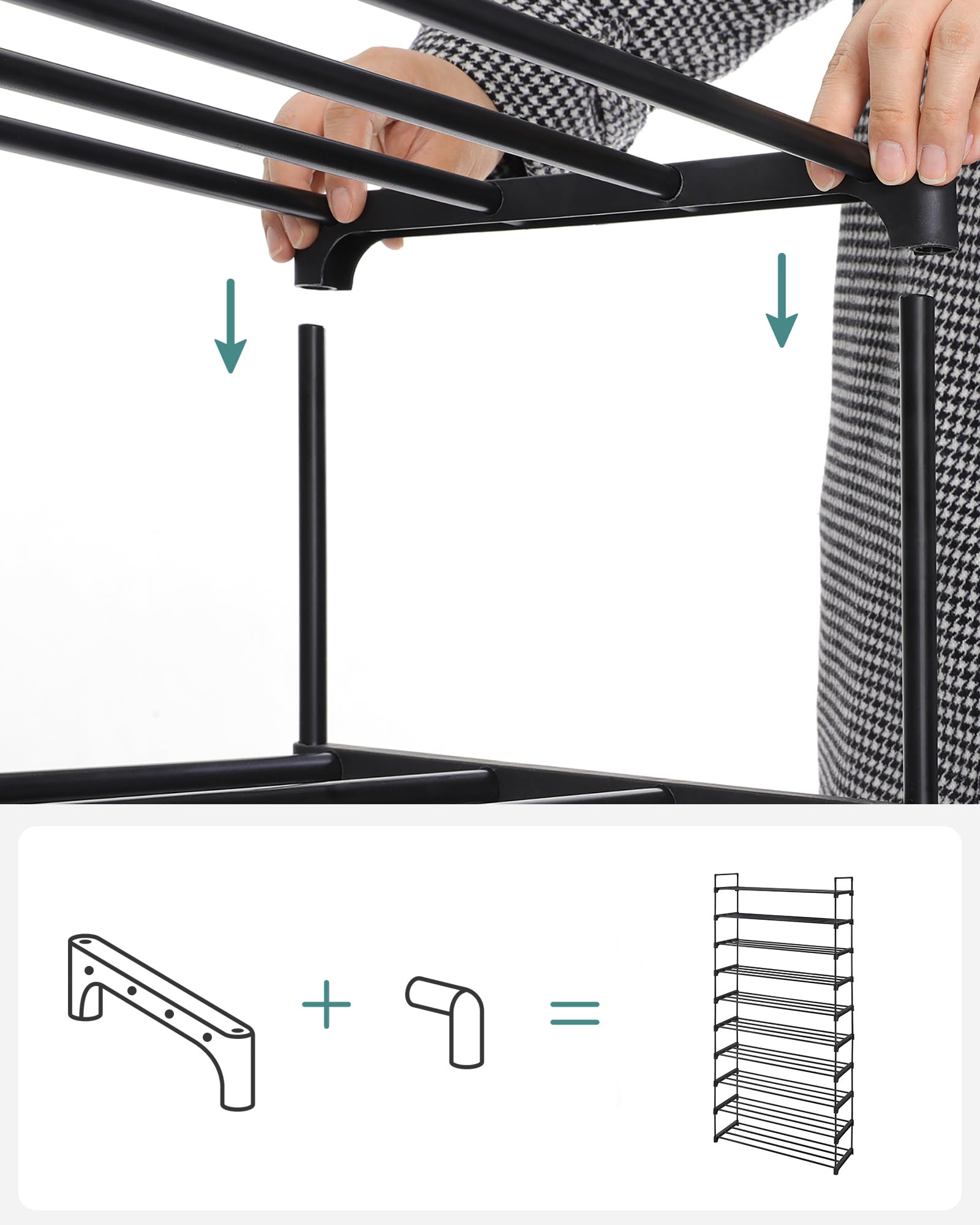 SONGMICS Étagère à Chaussures 10 Niveaux, Porte-Chaussures Haut, Support à Chaussures Fin, Rangement Chaussures, en Métal, Gain de Place, Dressing, Entrée, 30 x 94 x 206 cm, Noir LSA10BK
