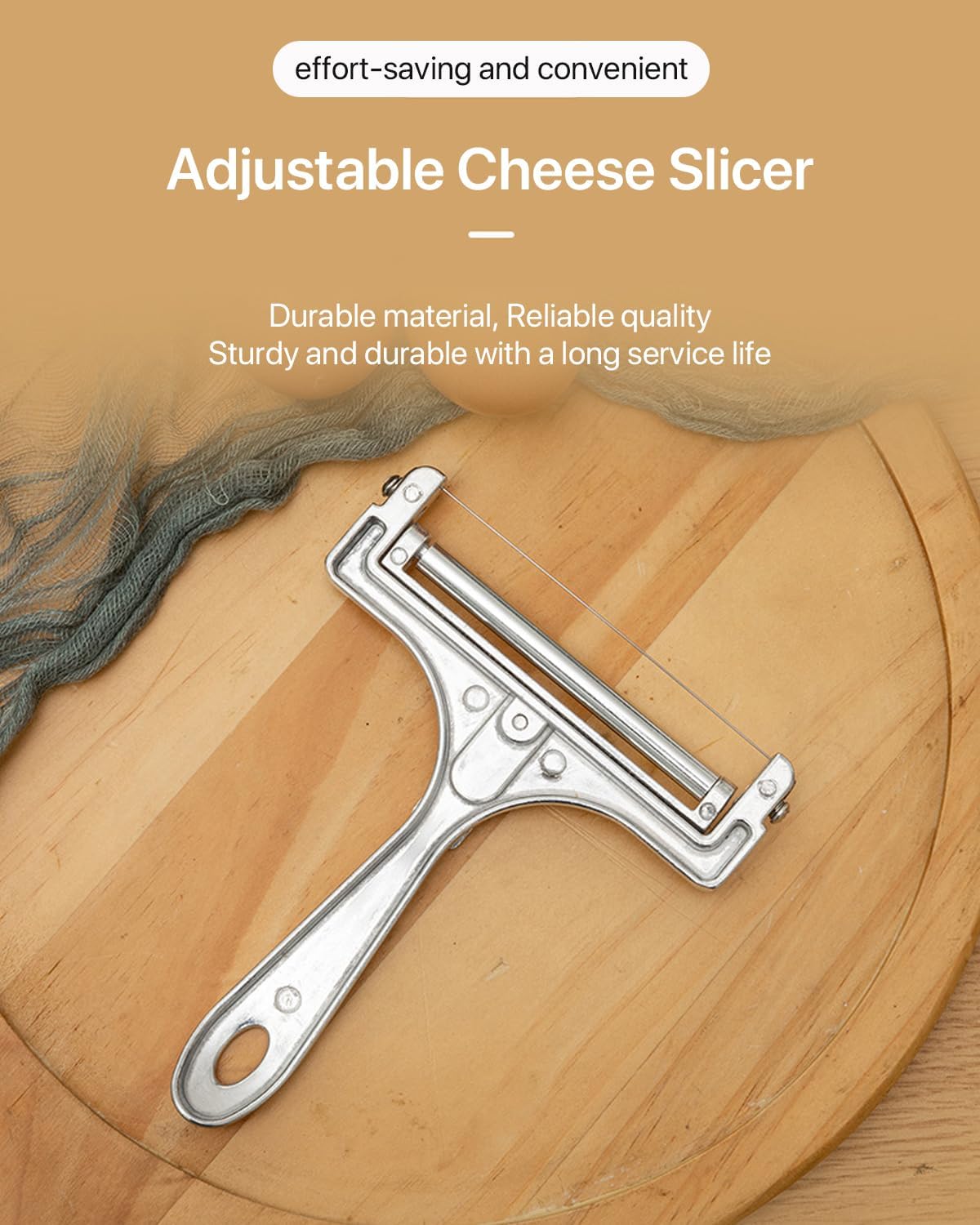 Stainless Steel Wire Cheese Slicer, Adjustable Thickness Handheld Cheese Cutter with 4 Extra Wires for Mozzarella, Cheddar, Gruyere, Raclette