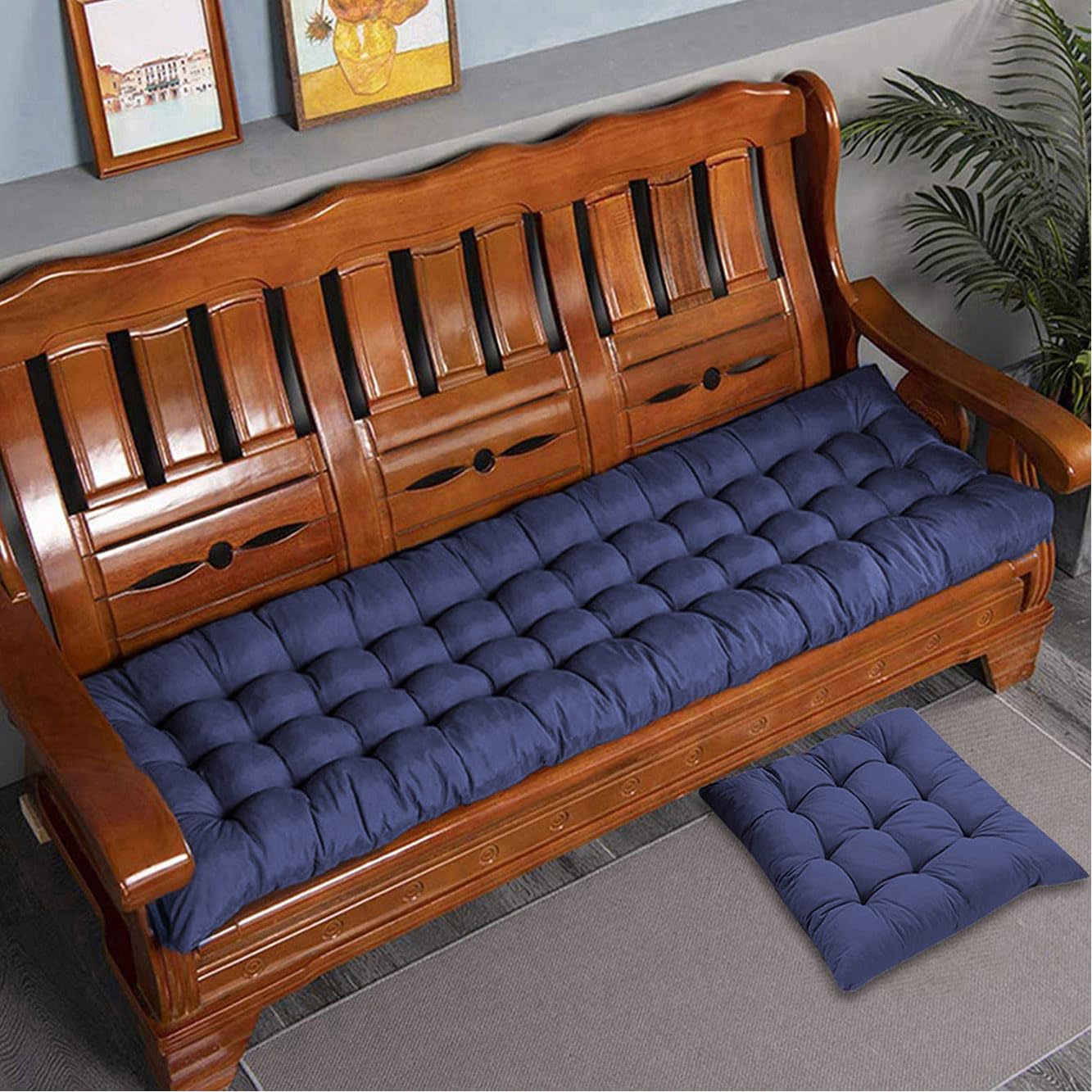 Rr Tianshi Dark Blue Thick Cotton Bench Cushion Pad 2/3 Seater,Cotton Sofa Bench Seat Cushions Pad Long Seat Pad For Home/Garden/Patio/Swing/Indoor (100X50cm,)