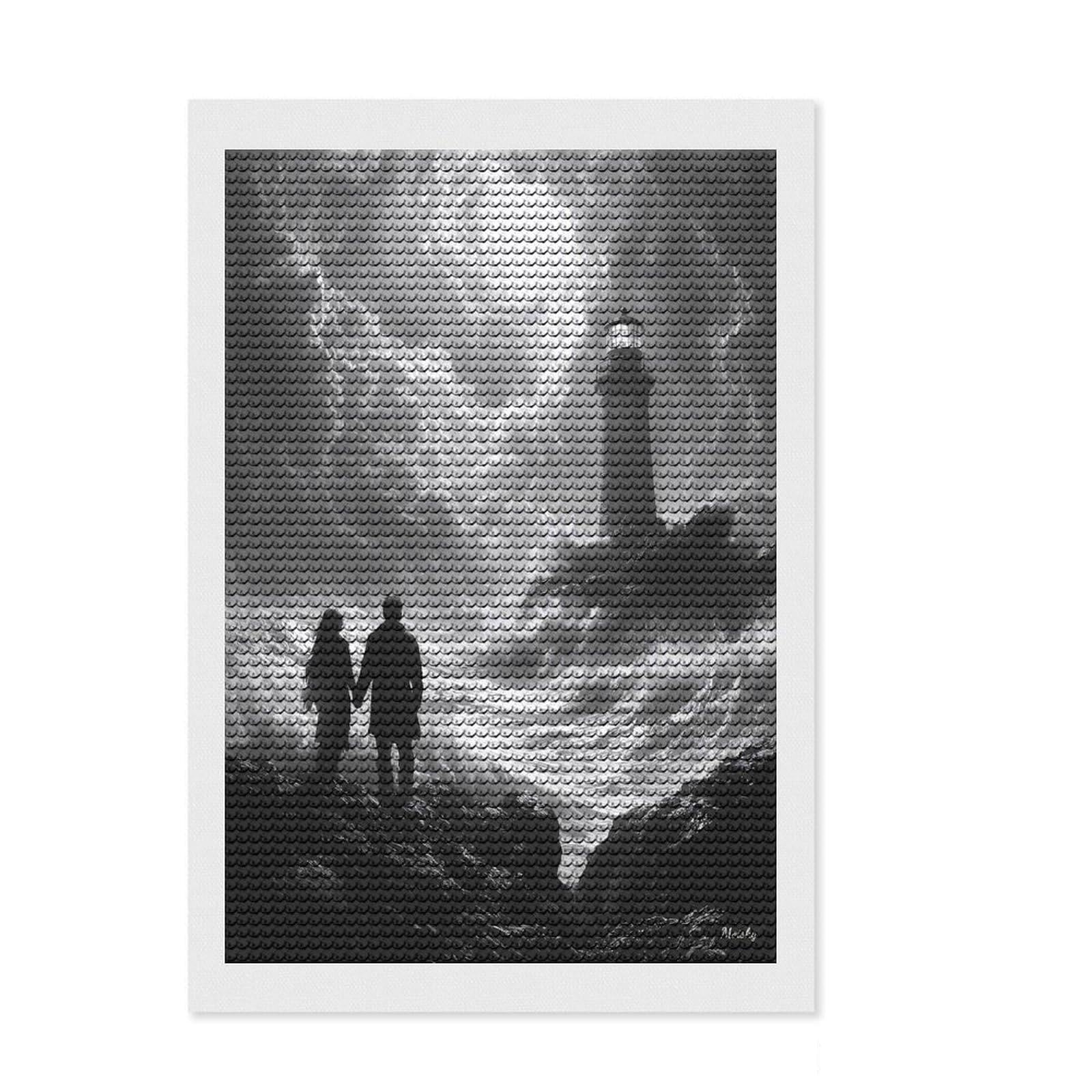 Junmoney Romantic Stormy Shore with Lighthouse - Charcoal Art Diamond Art Kit 8"x12", Office Decor, for Women, with Tool Kit, Gift Idea, Stress Relief Craft, Adhesive Canvas