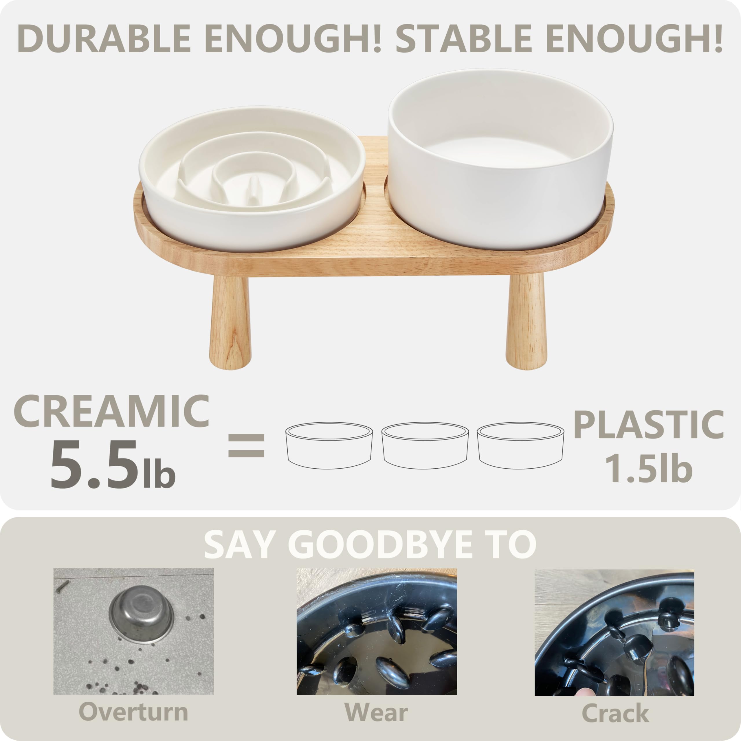 Cuenco de cerámica para perros con soporte de madera, 850 ml, color blanco