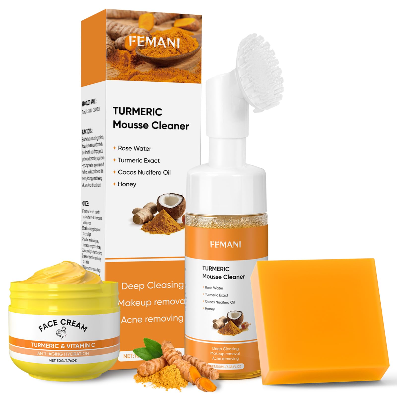 Turmeric Soap Bar and Turmeric Face Cream and Turmeric Face Wash Set for Face & Body, Facial Cleanser, Soothing, Hydrating Skin Care Set for All Skin